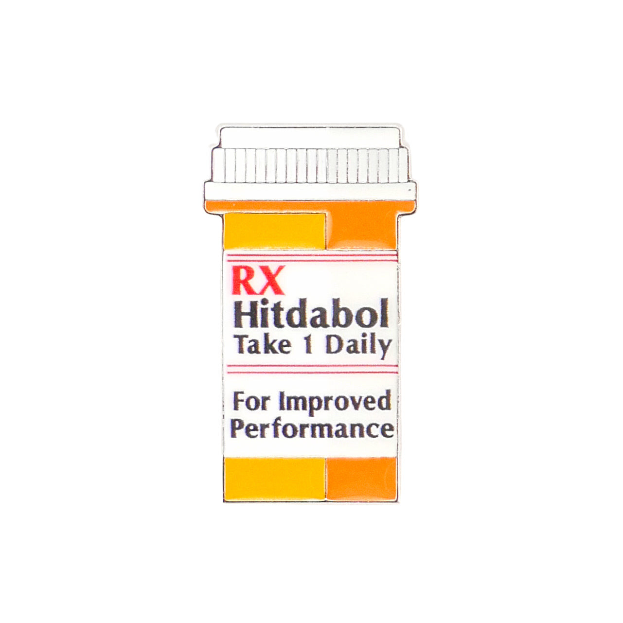 The RX Hitdabol enamel pin by Ballmarkers by Logie Joes, shaped like a prescription pill bottle with a white lid and orange body, is a funny golf accessory and unique premium ball marker for the green.