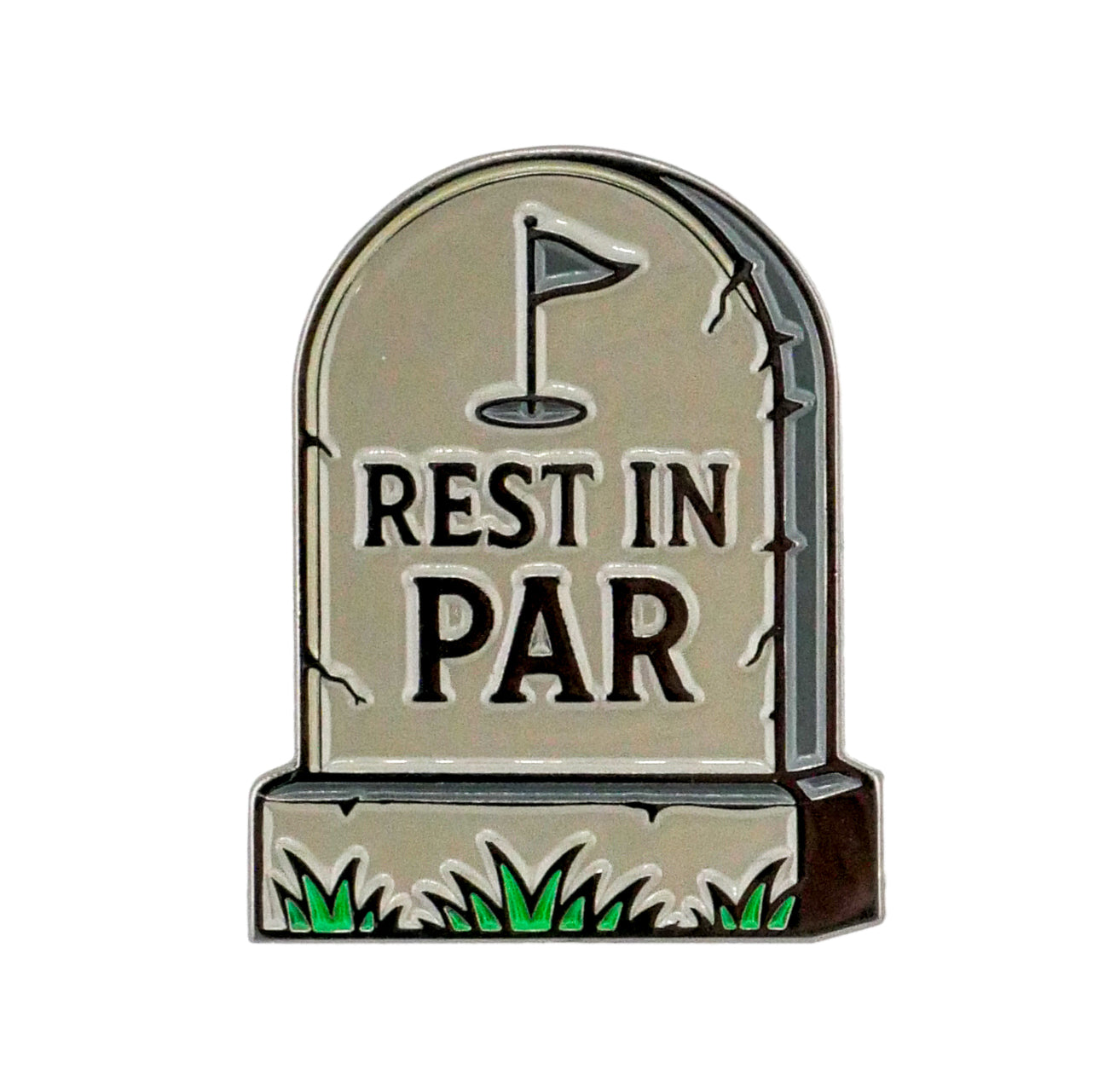 The Rest In Par Ball Marker from Ballmarkers.com features a cracked cartoon tombstone with grass, a golf flag, and "REST IN PAR" engraved—an ideal golf accessory or ball marker for your next round.