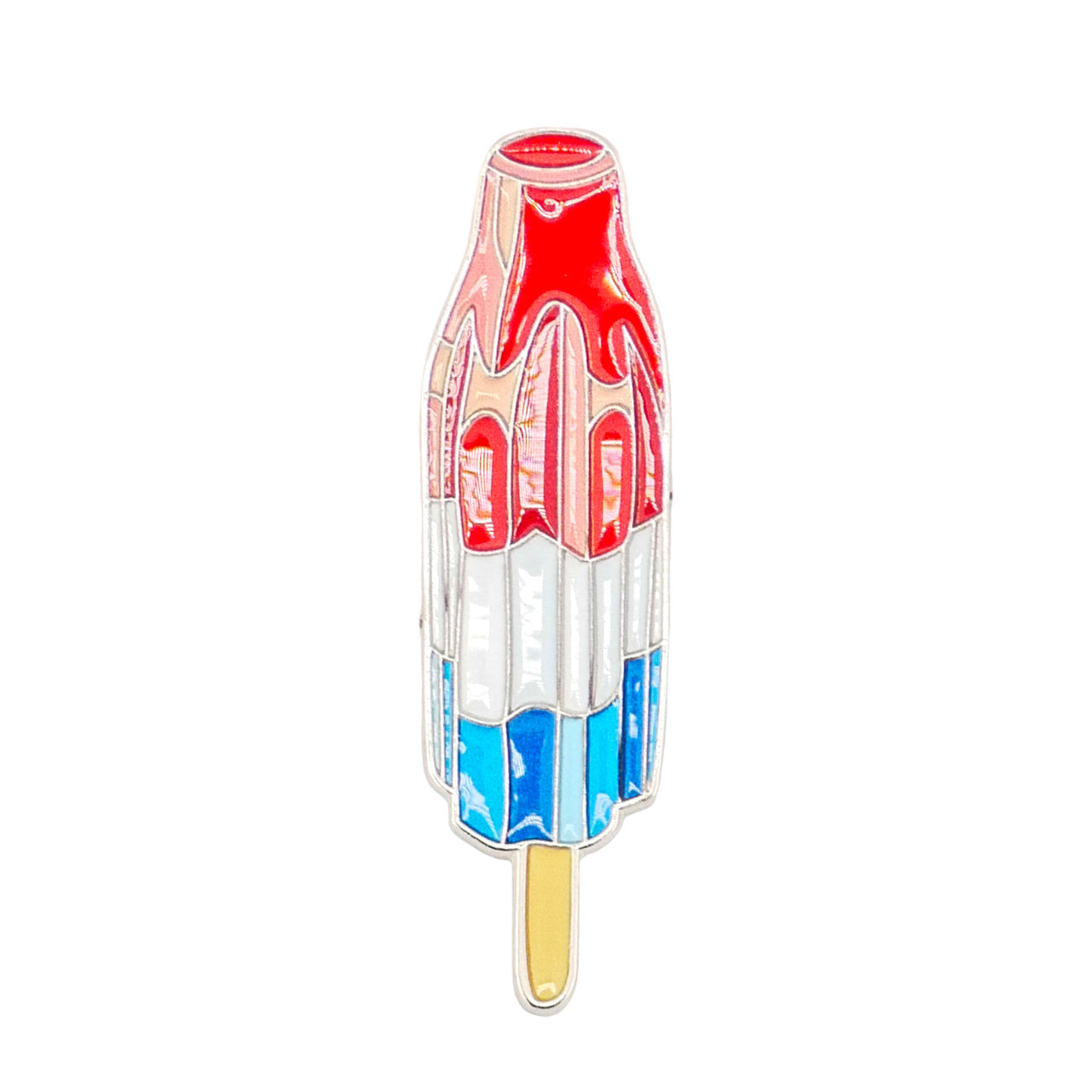 The Red White Blue Popsicle by Logie Joe's Golf is a colorful enamel pin shaped like a rocket popsicle—red, white, and blue with a yellow stick—perfect as a vibrant golf ball marker for fans of premium accessories.