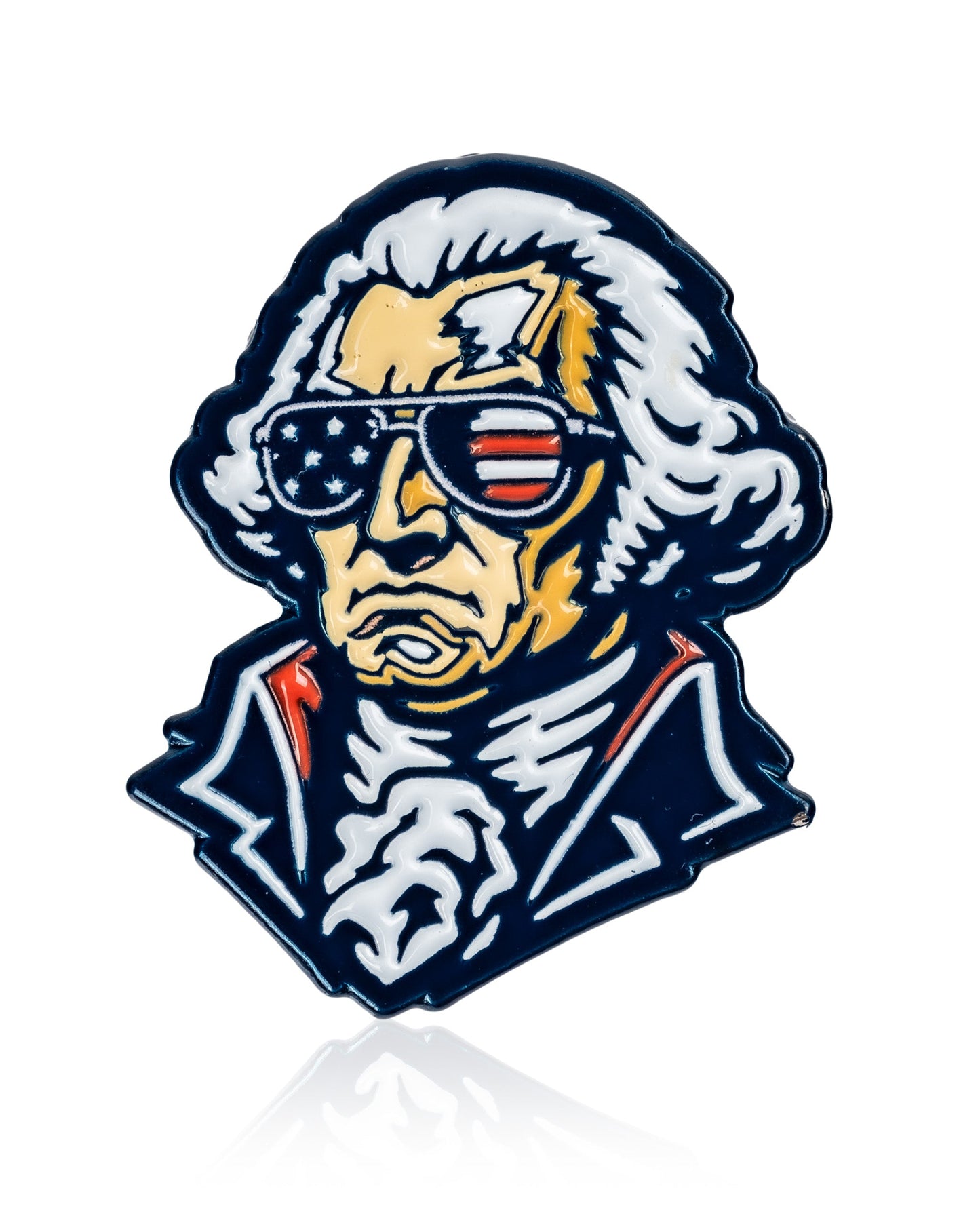 The Pins and Aces Rockin Washington - Ball Marker features a stylized George Washington in aviator sunglasses with the American flag, making it a unique premium golf accessory with magnetic hat clip.
