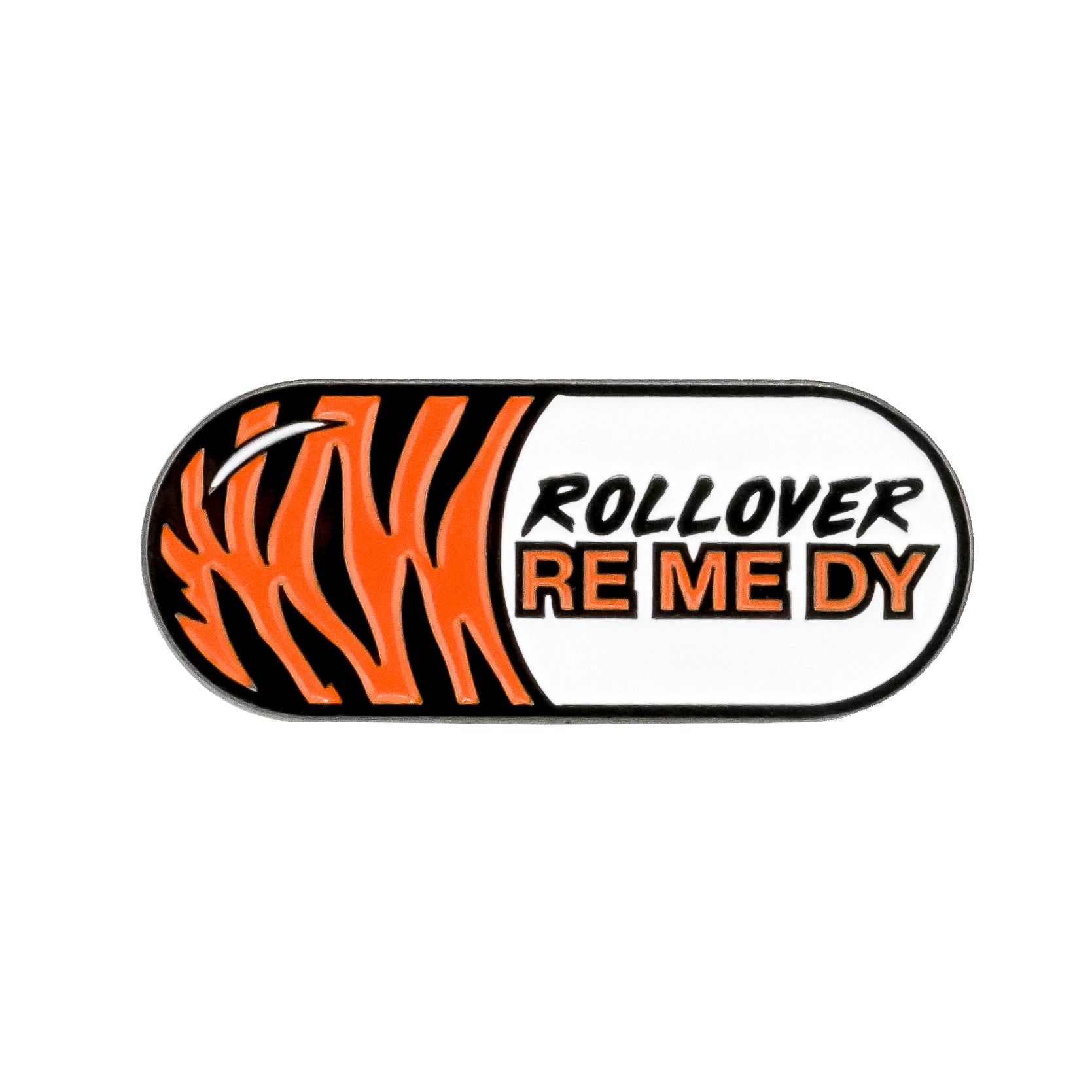 The Roll-Over Remedy Ball Marker from Ballmarkers.com features an oval design with bold orange tiger stripes on the left and “ROLLOVER REMEDY” printed on the right—highlighting “RE ME DY” in vibrant orange. It’s a unique novelty gift or a fun accessory to add flair to your golf gear.