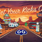 Inspired by a stylized Route 66 sunset scene with vintage cars, motels, and neon diner signs, the Route 66 Ball Marker Bundle - A from Ballmarkers.com is a collectible golf accessory for fans of classic Americana.