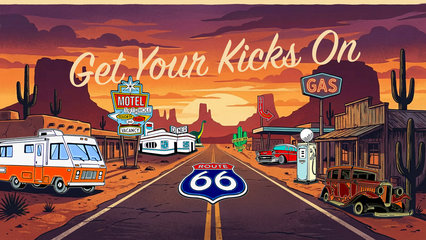 Inspired by a stylized Route 66 sunset scene with vintage cars, motels, and neon diner signs, the Route 66 Ball Marker Bundle - A from Ballmarkers.com is a collectible golf accessory for fans of classic Americana.