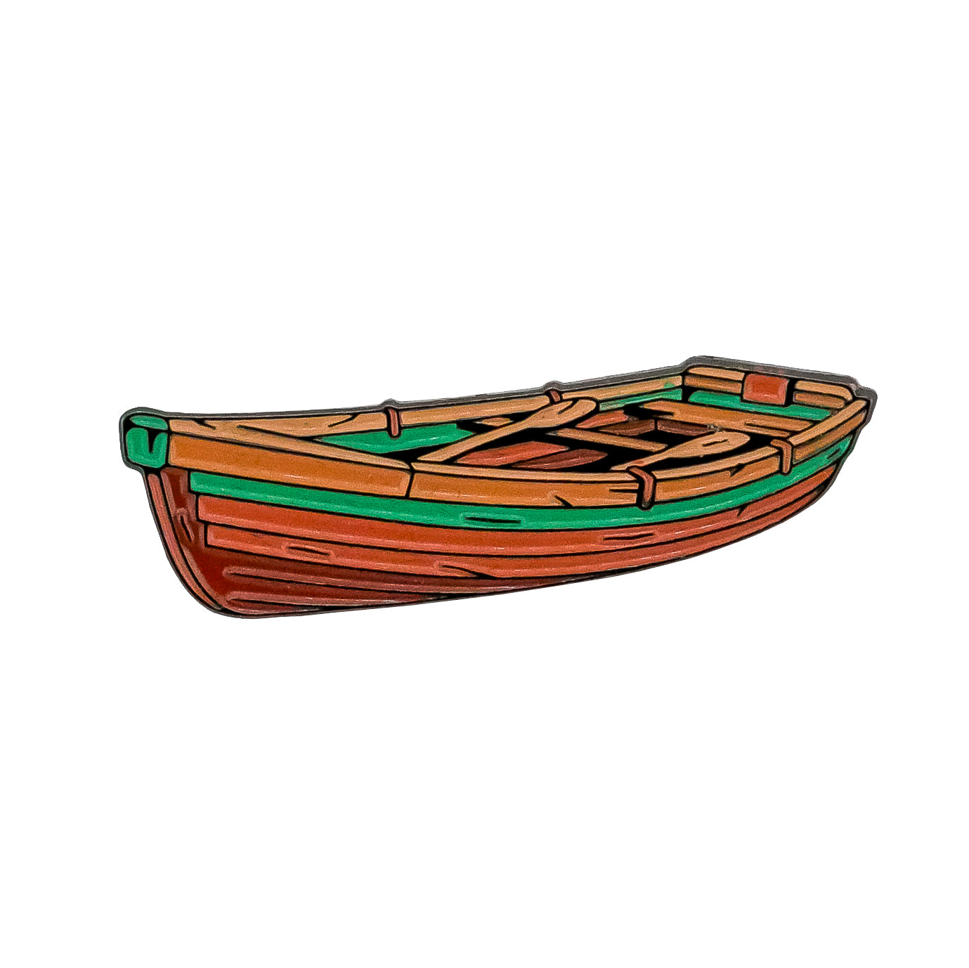 Illustration of the Wood Row Boat Ball Marker by Ballmarkers.com, featuring brown and green details on a small wooden rowboat, shown at an angle on a white background.