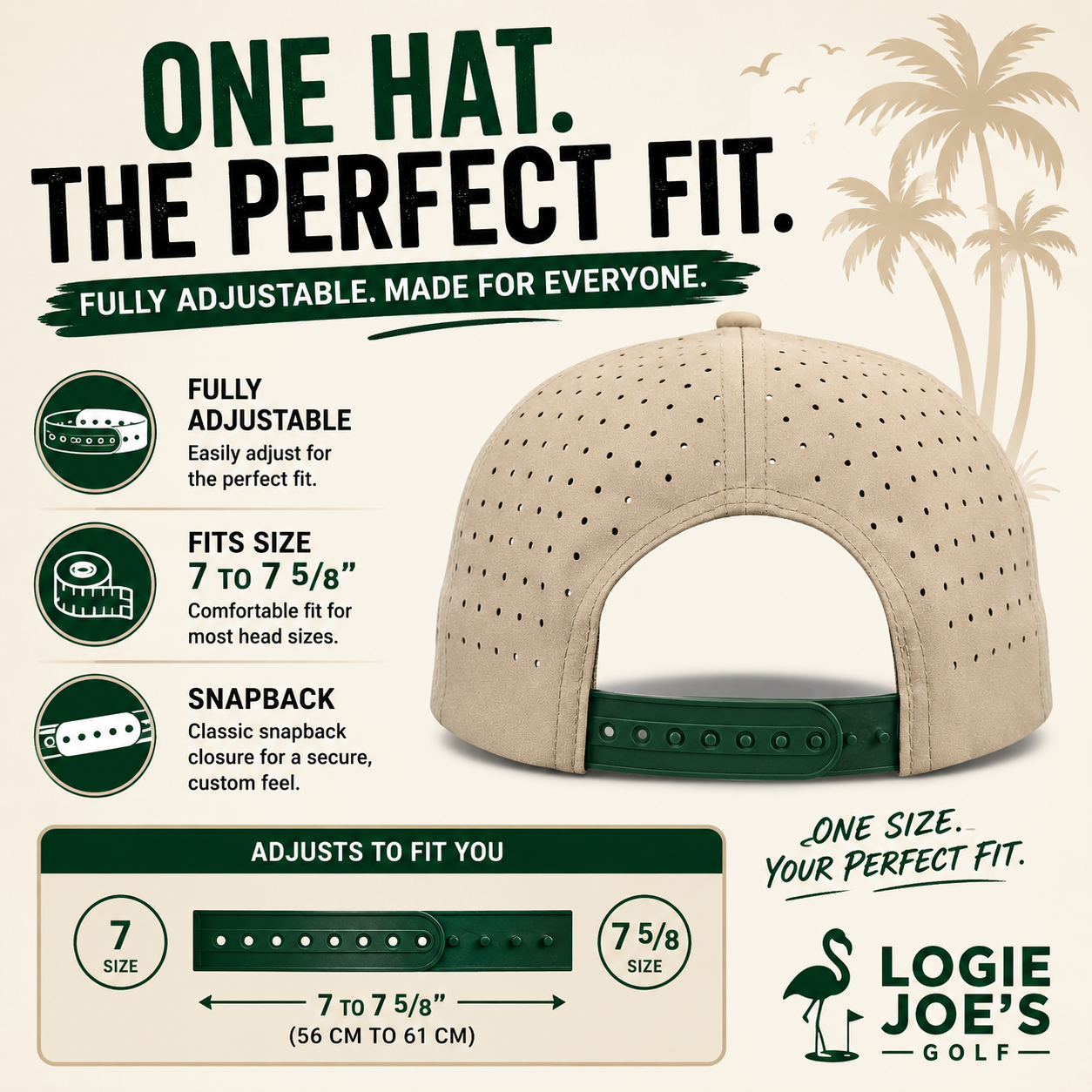 A beige Mountain Moonrise Golf Hat by Logie Joe’s Golf is displayed from the back, showcasing ventilation holes and its adjustable snapback fit with a close-up of the green snap, designed to fit most head sizes. Ideal for outdoor golf, this snapback cap features a built-in magnetic ball marker holder with marker included and displays the Logie Joe’s Golf logo in the bottom right corner.