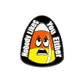 The Sad Candy Corn Ball Marker from Ballmarkers.com features a sad-faced candy corn at the center and "Nobody Likes You Either" text on a black background.