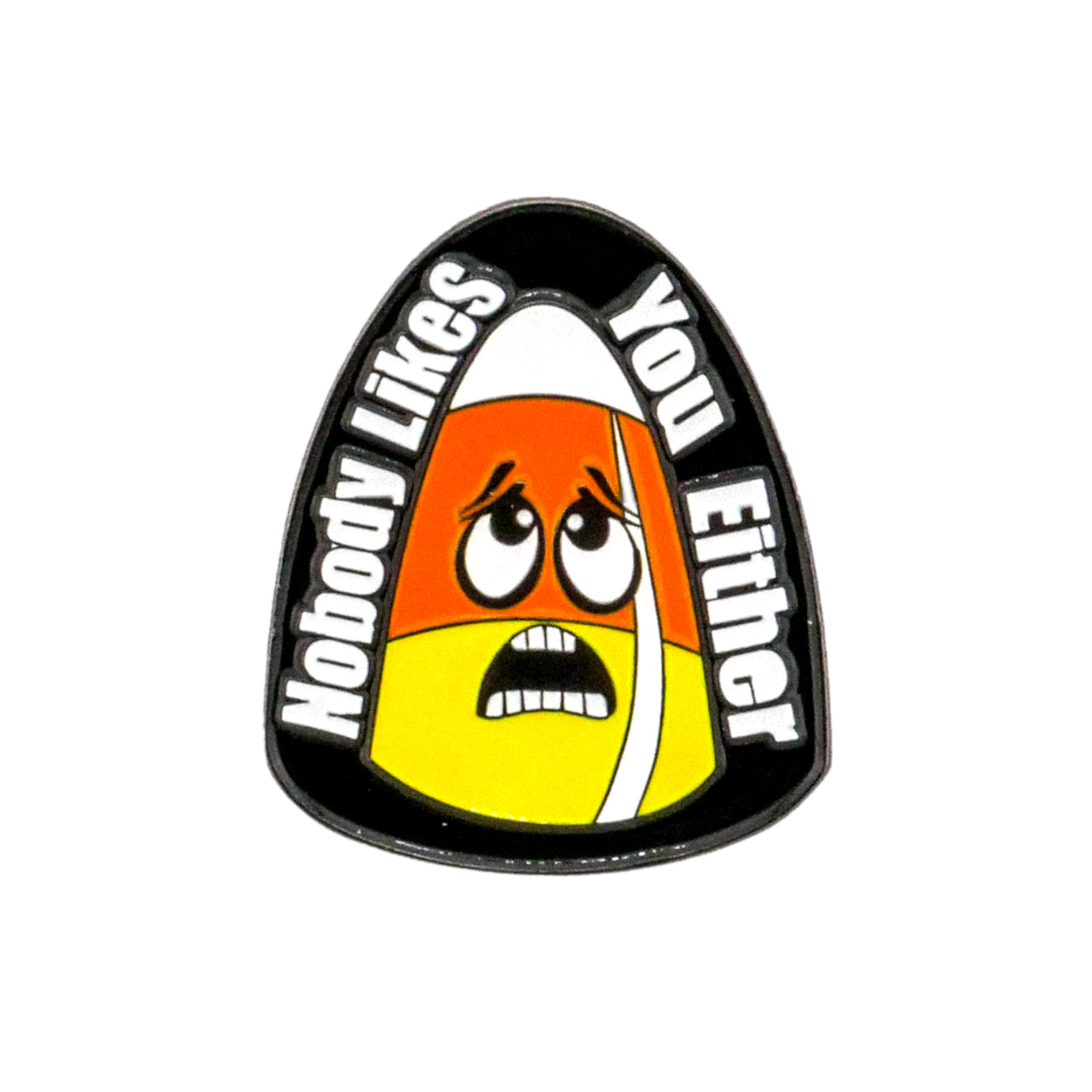The Sad Candy Corn Ball Marker from Ballmarkers.com features a sad-faced candy corn at the center and "Nobody Likes You Either" text on a black background.