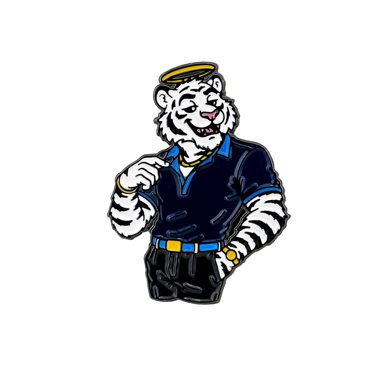 A cartoon white tiger wearing a navy shirt, yellow belt, and gold watch smiles and points to its collar featuring the Saintly Tiger Ball Marker by Ballmarkers.com on a plain white background.