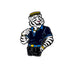 A cartoon white tiger wearing a navy shirt, yellow belt, and gold watch smiles and points to its collar featuring the Saintly Tiger Ball Marker by Ballmarkers.com on a plain white background.