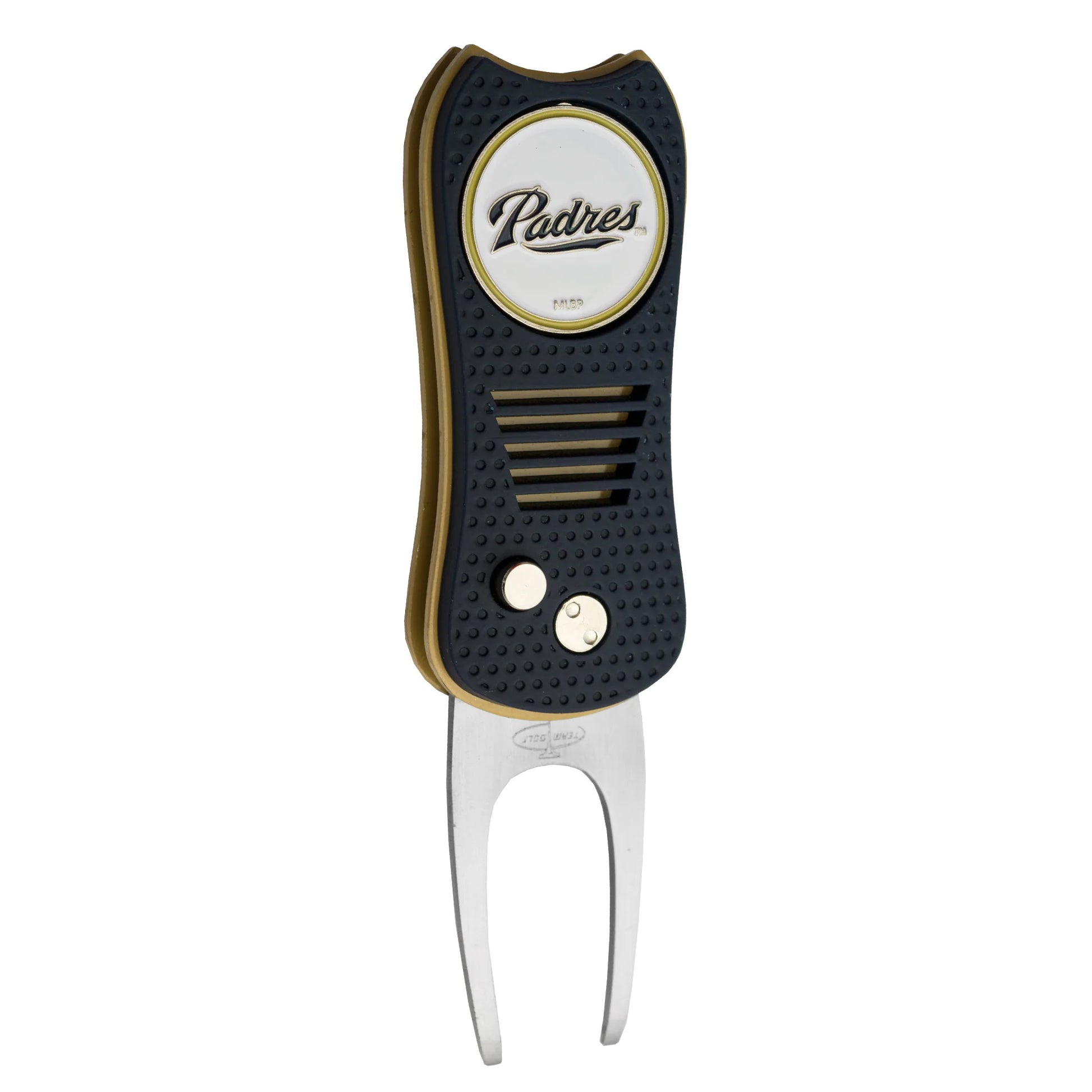 The MLB Switchfix Divot Tool with Ball Marker features a black and gold design, textured grip, two metal prongs, a circular Padres logo on top, and a magnetic ball marker—part of the MLB collection.
