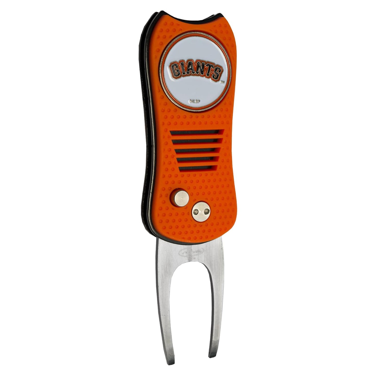 The MLB Switchfix Divot Tool with Ball Marker is an orange divot tool from MLB, featuring the San Francisco Giants logo, a metallic prong, textured grip, and a magnetic ball marker for convenience.