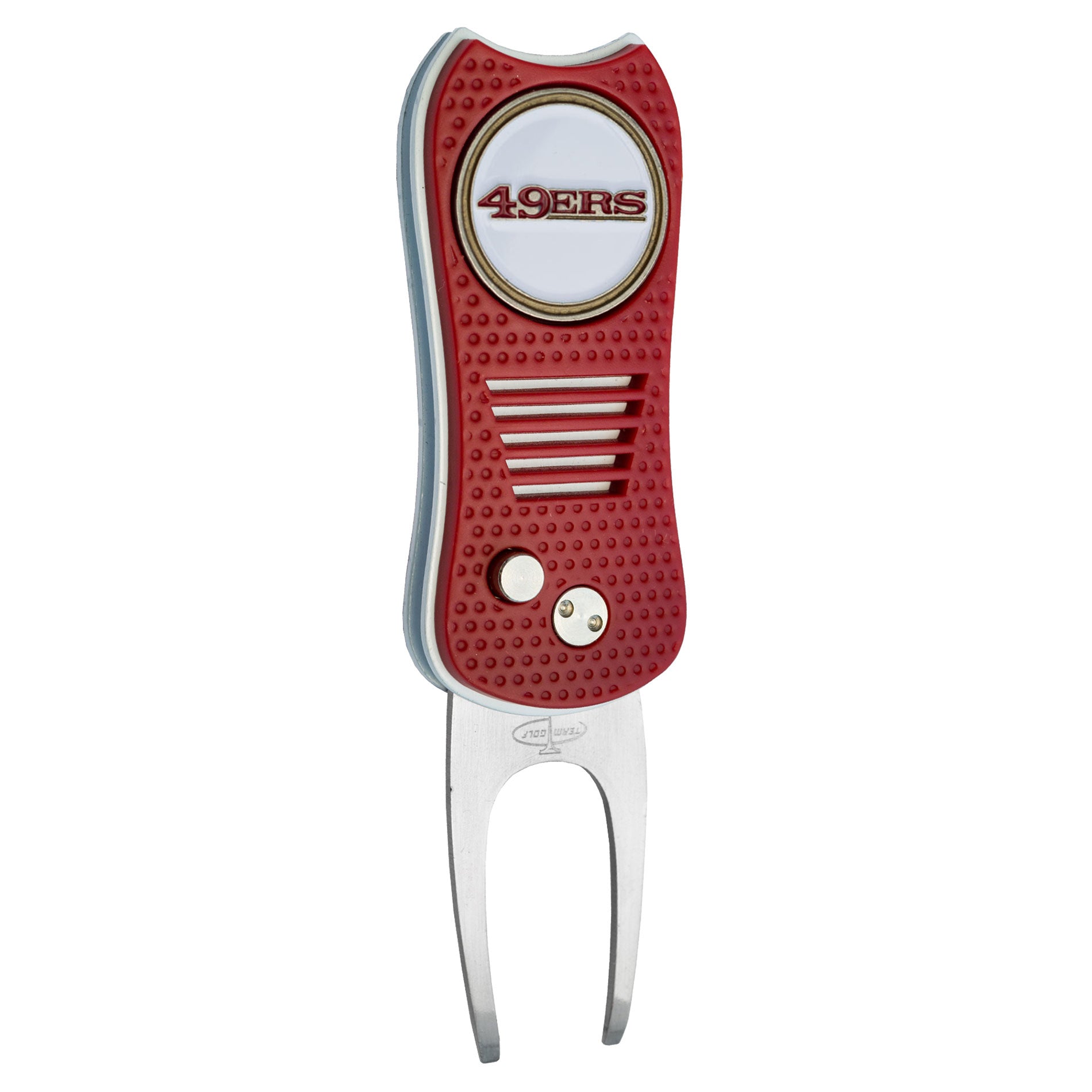 The NFL Switchfix Divot Tool with Ball Marker features a red and silver design, San Francisco 49ers logo, textured grip, two buttons, a switchblade mechanism, and a metal prong. Brand: NFL.