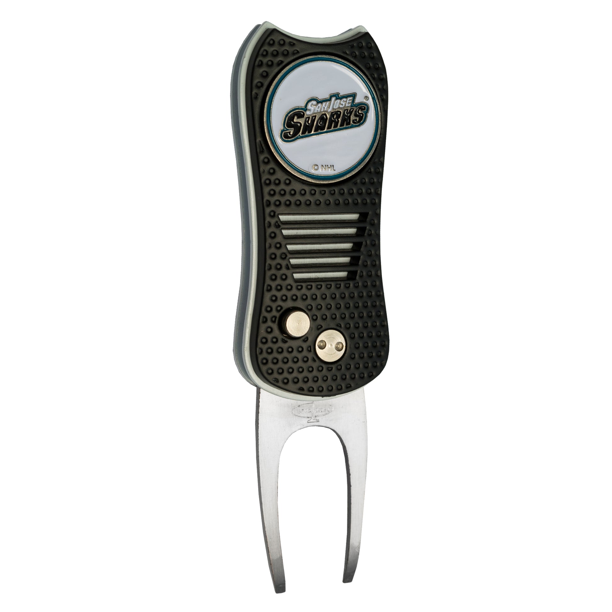 The Ballmarkers.com NHL Switchfix Divot Tool with Ball Marker features a San Jose Sharks logo, black textured grip, switchblade mechanism with two metal prongs, and a convenient magnetic ball marker on top.
