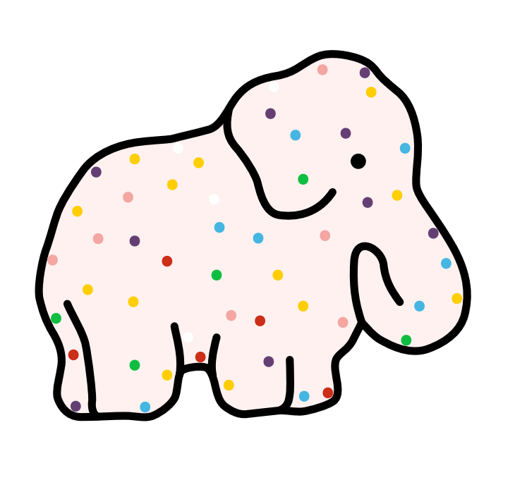 The Ballmarkers.com Frosted Elephant Ball Marker features a light pink elephant with colorful polka dot frosting, outlined in black, shown on a white background.