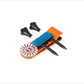 The Byrd, LLC's THE BYRD GOLF CLYP - Orange Oriole features an orange holder with two black tees, a ball marker, and a blue strap, all shown on a white background.