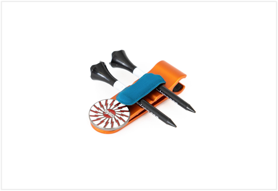 The Byrd, LLC's THE BYRD GOLF CLYP - Orange Oriole features an orange holder with two black tees, a ball marker, and a blue strap, all shown on a white background.