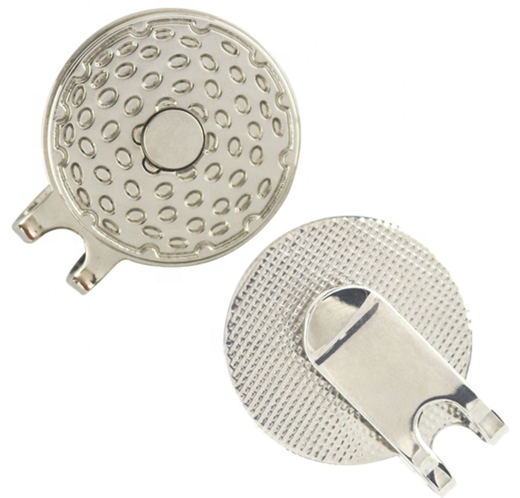 Logie Joe's Golf Magnetic Hat Clip includes two round ball markers with unique textures and flat, forked extensions for easy attachment—combining convenience and style for golfers.