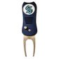 The Ballmarkers.com NHL Switchfix Divot Tool with Ball Marker features a navy blue design, textured grip, metal prong, switchblade mechanism, and a circular Seattle Kraken logo at the top for easy use.