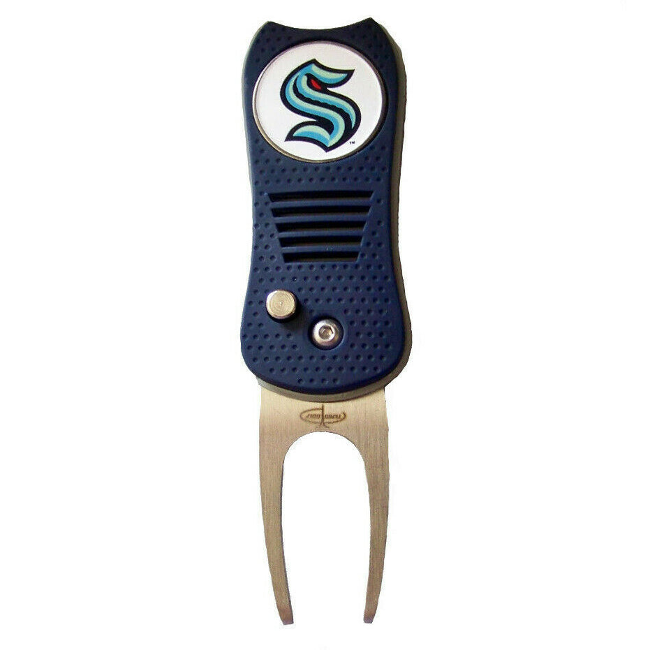 The Ballmarkers.com NHL Switchfix Divot Tool with Ball Marker features a navy blue design, textured grip, metal prong, switchblade mechanism, and a circular Seattle Kraken logo at the top for easy use.