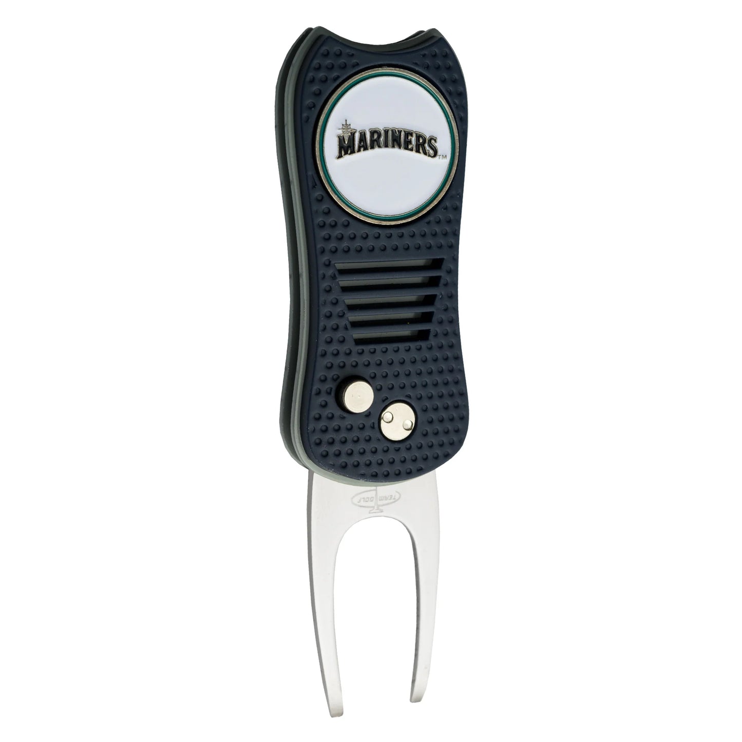 The MLB Switchfix Divot Tool with Ball Marker by MLB features a navy blue and silver design, Seattle Mariners logo on top, textured grip, magnetic ball marker, and two metal prongs at the bottom.