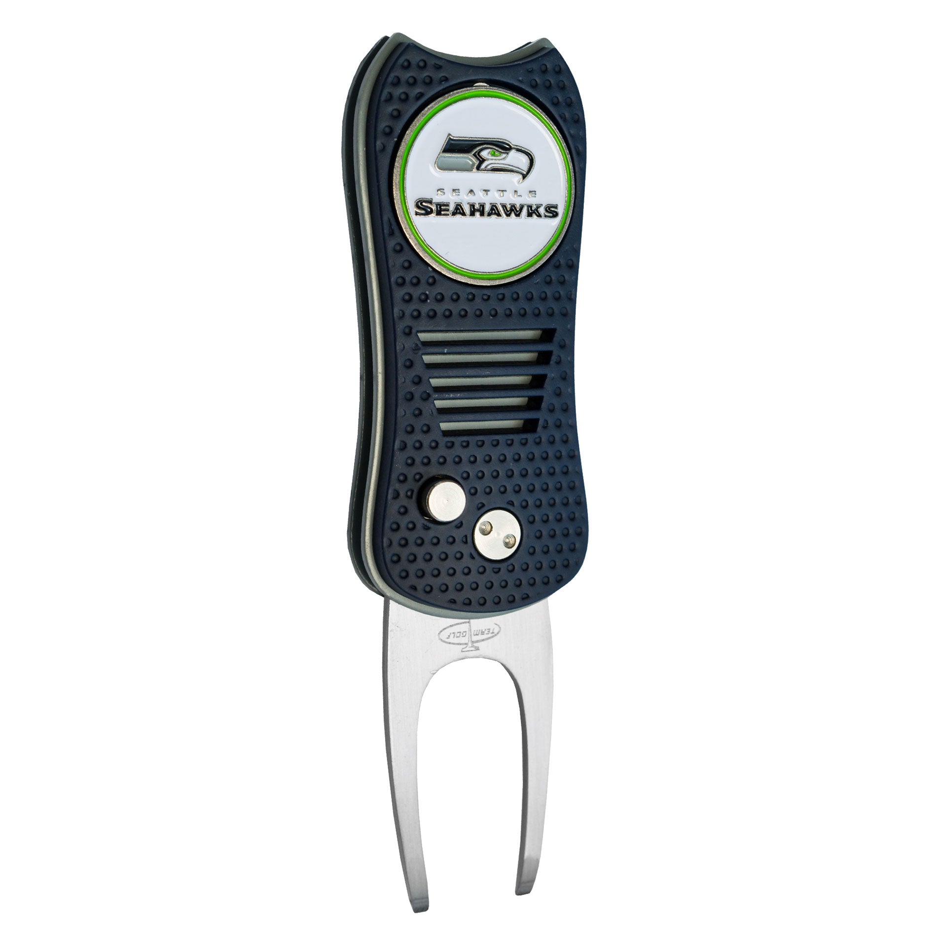 The NFL Switchfix Divot Tool with Ball Marker by NFL features a navy handle, two metal prongs, and a switchblade mechanism. It includes a magnetic ball marker with the Seattle Seahawks logo for added style on the golf course.