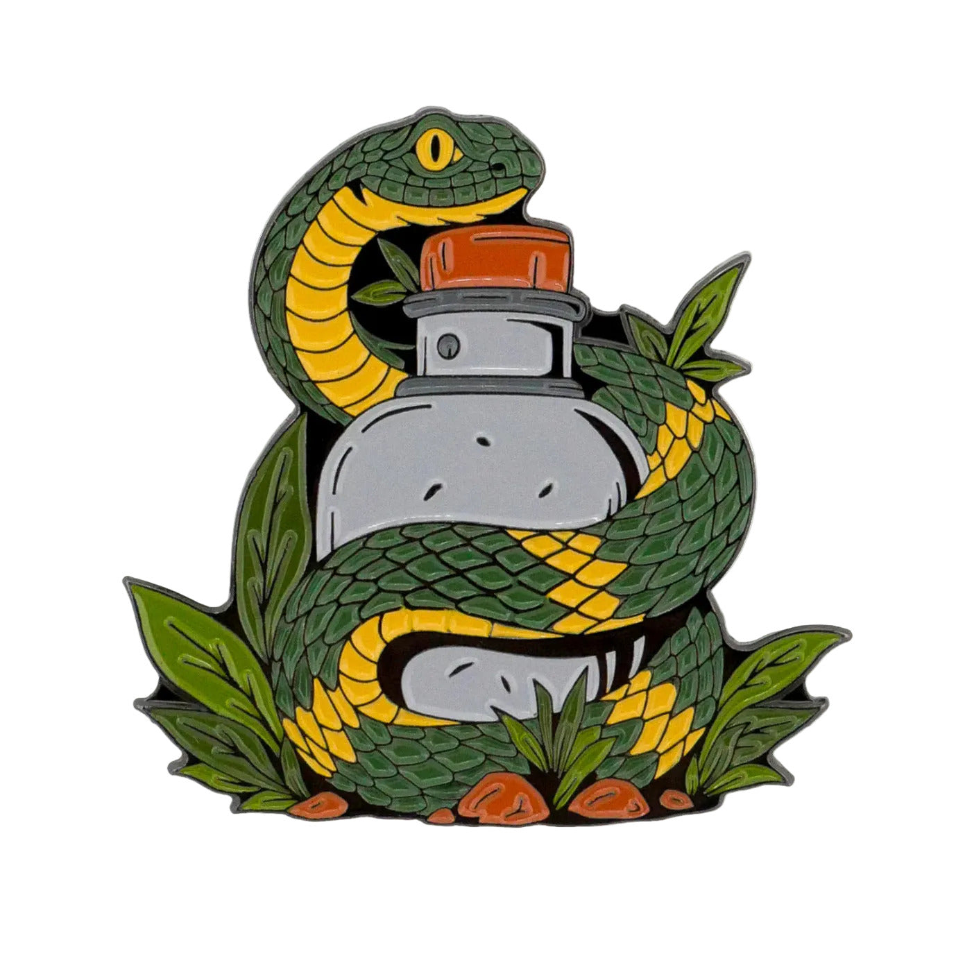 The Serpent Serum Ball Marker by Ballmarkers.com features a green and yellow snake coiled around a gray canteen with an orange cap, set among green leaves and small rocks on a white background.