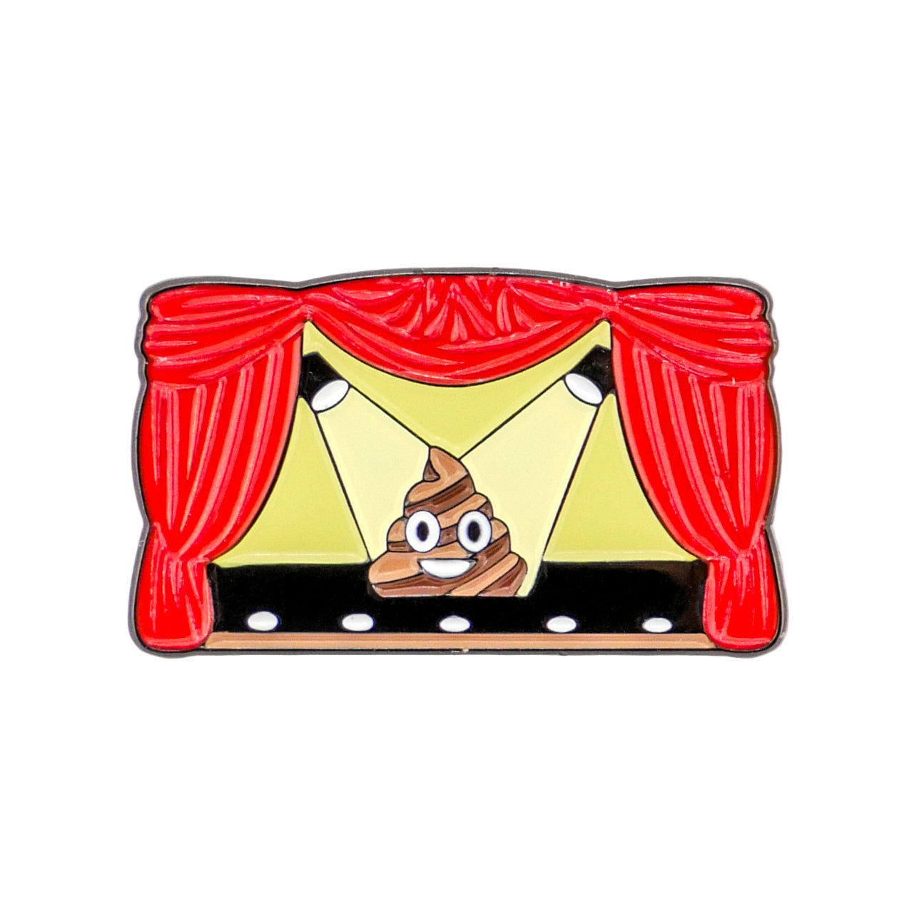Logie Joe's Golf 'Sh*t Show' features a smiling poop emoji under spotlights, framed by red theater curtains—a hilarious design for funny golf accessories or a quirky golf ball marker.