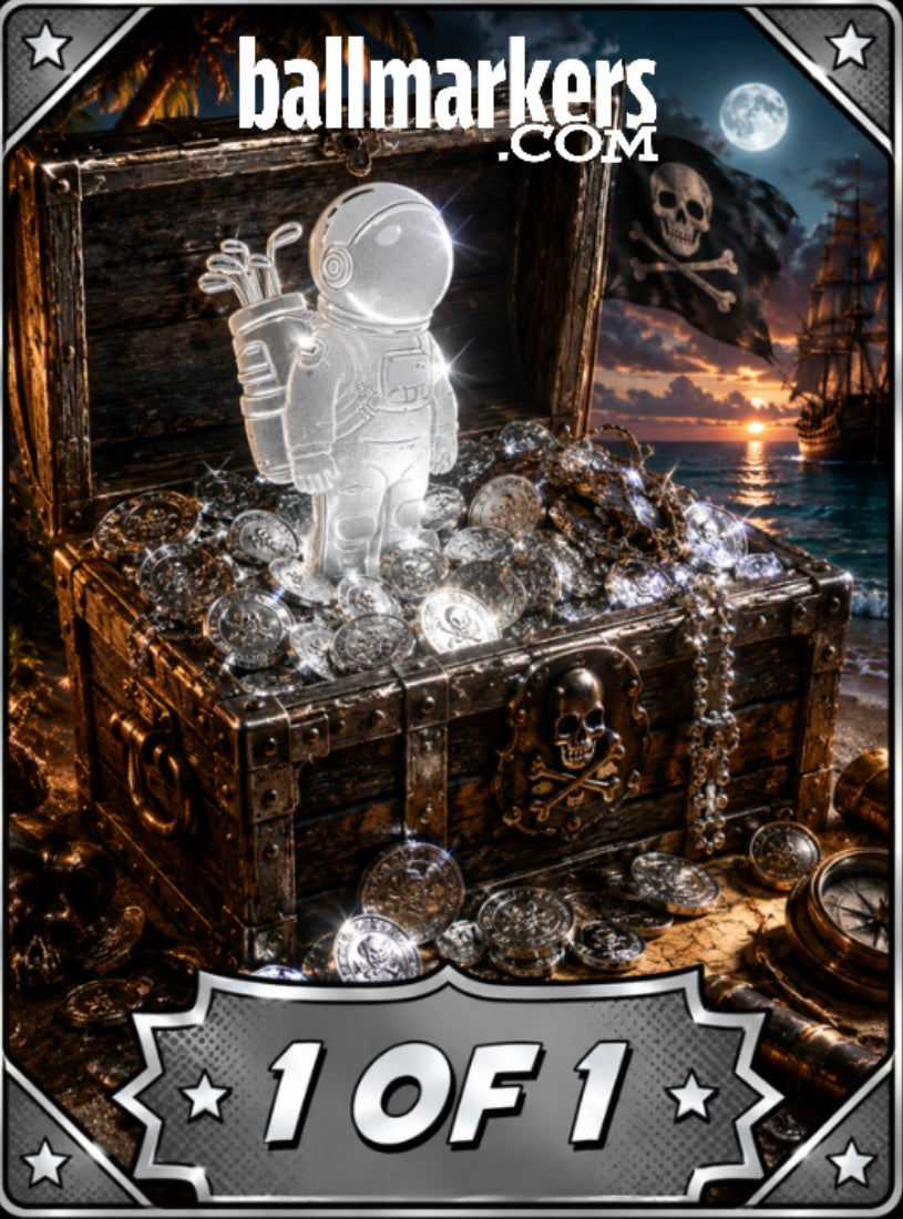 A silver Astronaut Walker Mystery Blind Bag ball marker from Ballmarkers.com stands on a treasure chest overflowing with coins and jewels, set against a backdrop of a pirate ship and a moonlit sea. The text "Ballmarkers.com" and "1 of 1" are displayed.