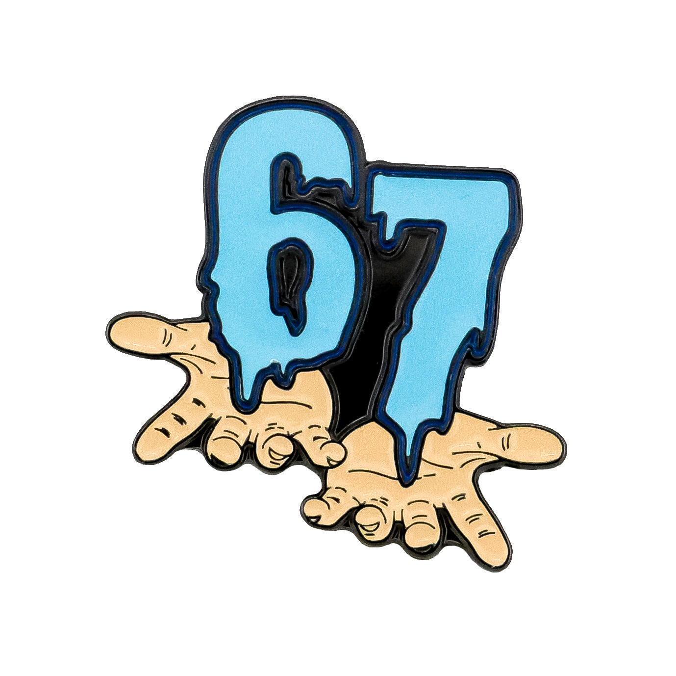 The Six Seven Ball Marker by Ballmarkers.com features a playful, street art-style design with two hands holding dripping blue numbers 67—perfect as a unique, cartoonish golf accessory or drippy ball marker.