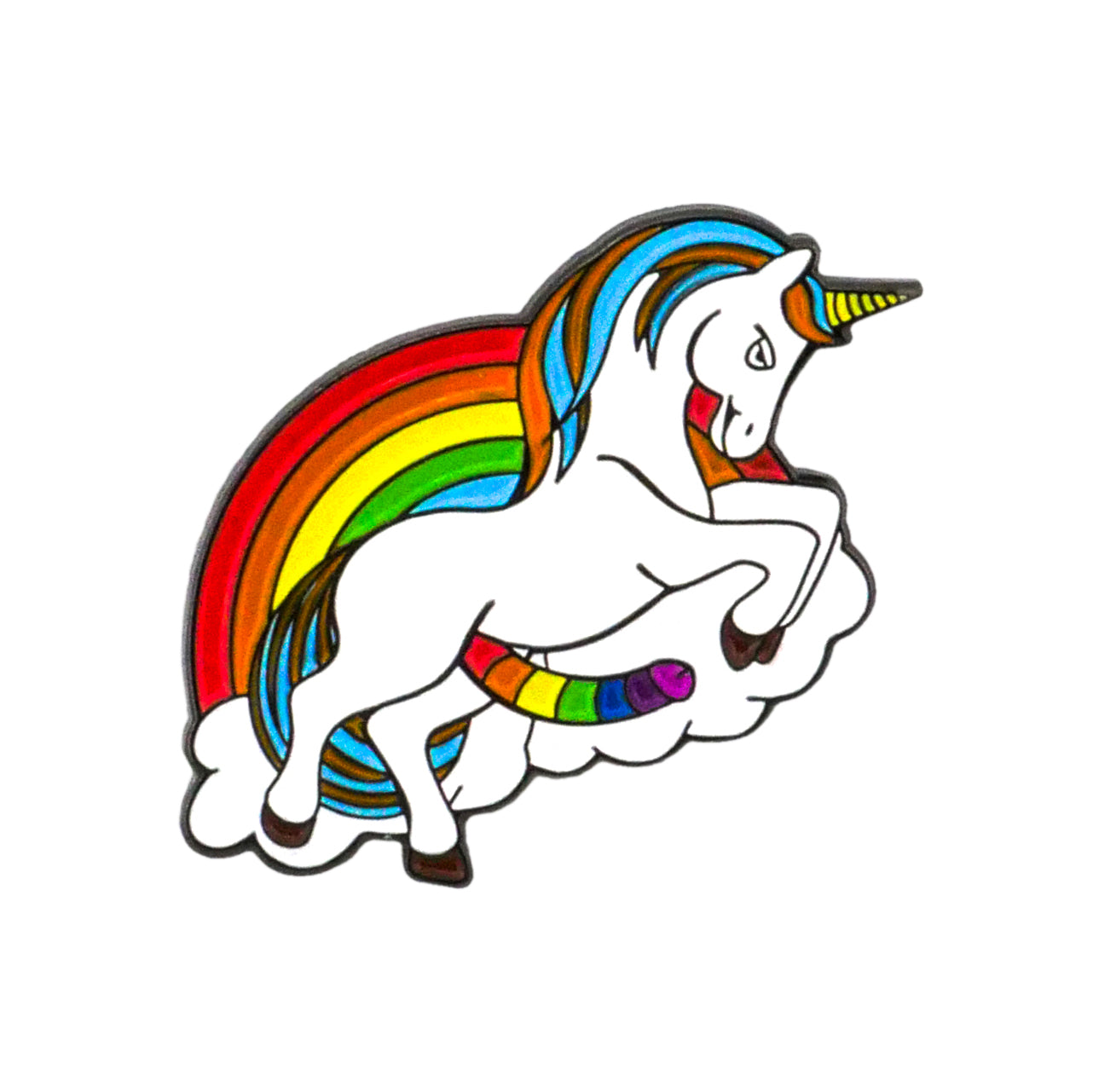 The Skittles The Unicorn Ball Marker from Ballmarkers.com features a white unicorn with a rainbow mane, tail, and horn rearing on a cloud before a vibrant rainbow—perfect for adding magical flair to your golf game.