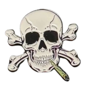 The Smokin' Skull Ball Marker by Golf Gear Heaven features a grinning cartoon skull with a joint, crossbones behind it, and a playful touch—perfect for adding fun to your golf game.