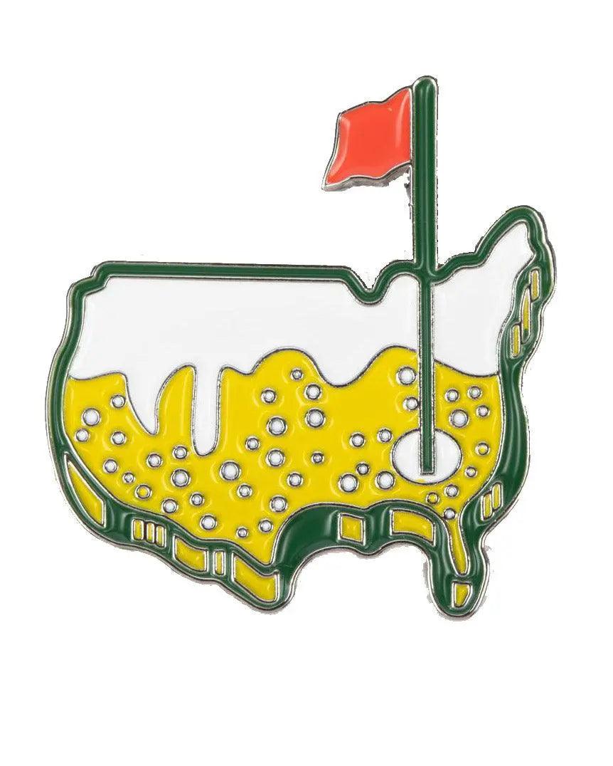 The Smashters Ball Marker by Grunk Dolfer features a US-shaped golf green with a red flag in the southeast, accented with yellow and white for sand traps—ideal for unique golf gifts or as your next custom ball marker.