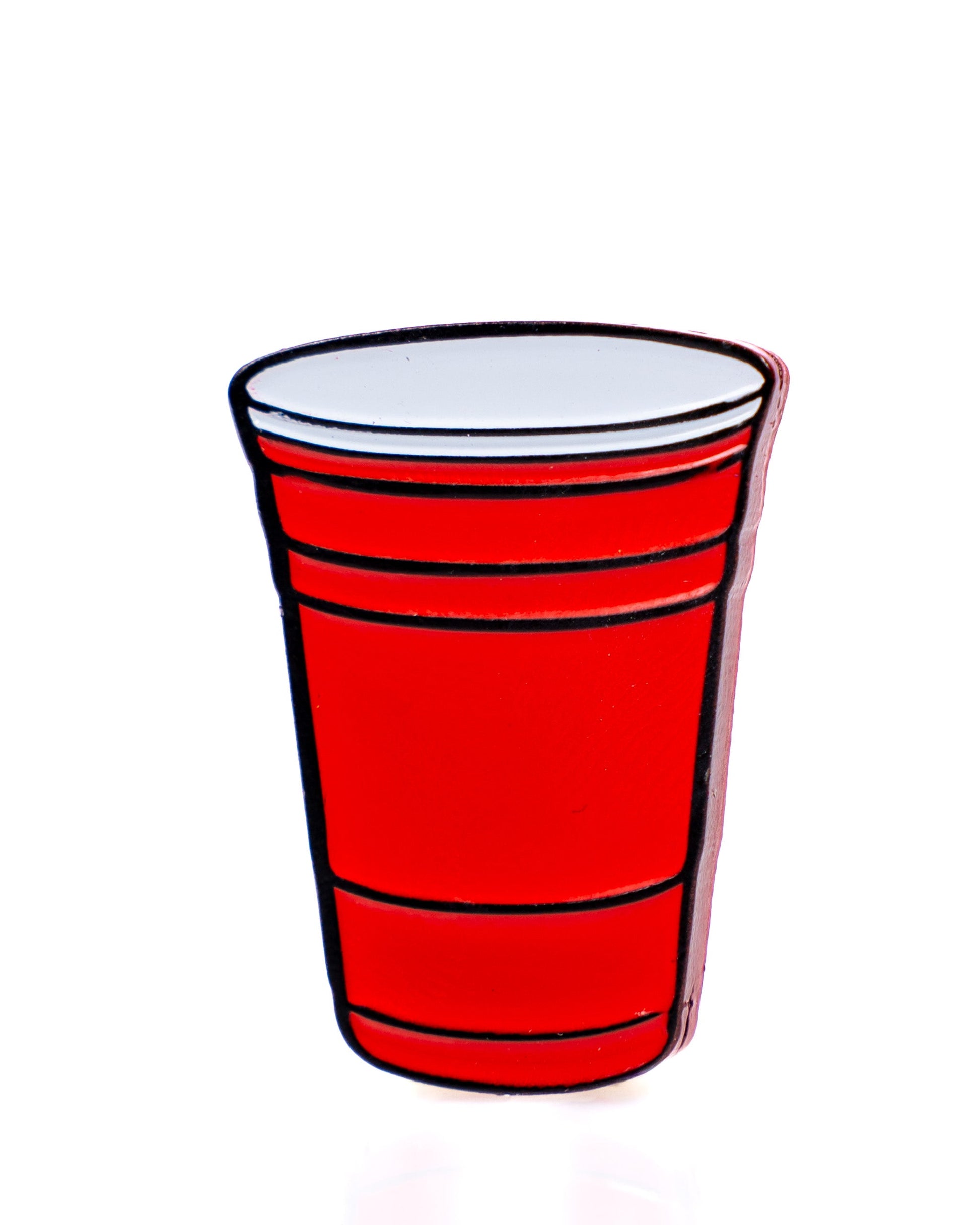 The Red Party Cup Ball Marker by Pins and Aces features a simple red plastic cup illustration with bold black outlines on a white background—an ideal fun golf accessory.
