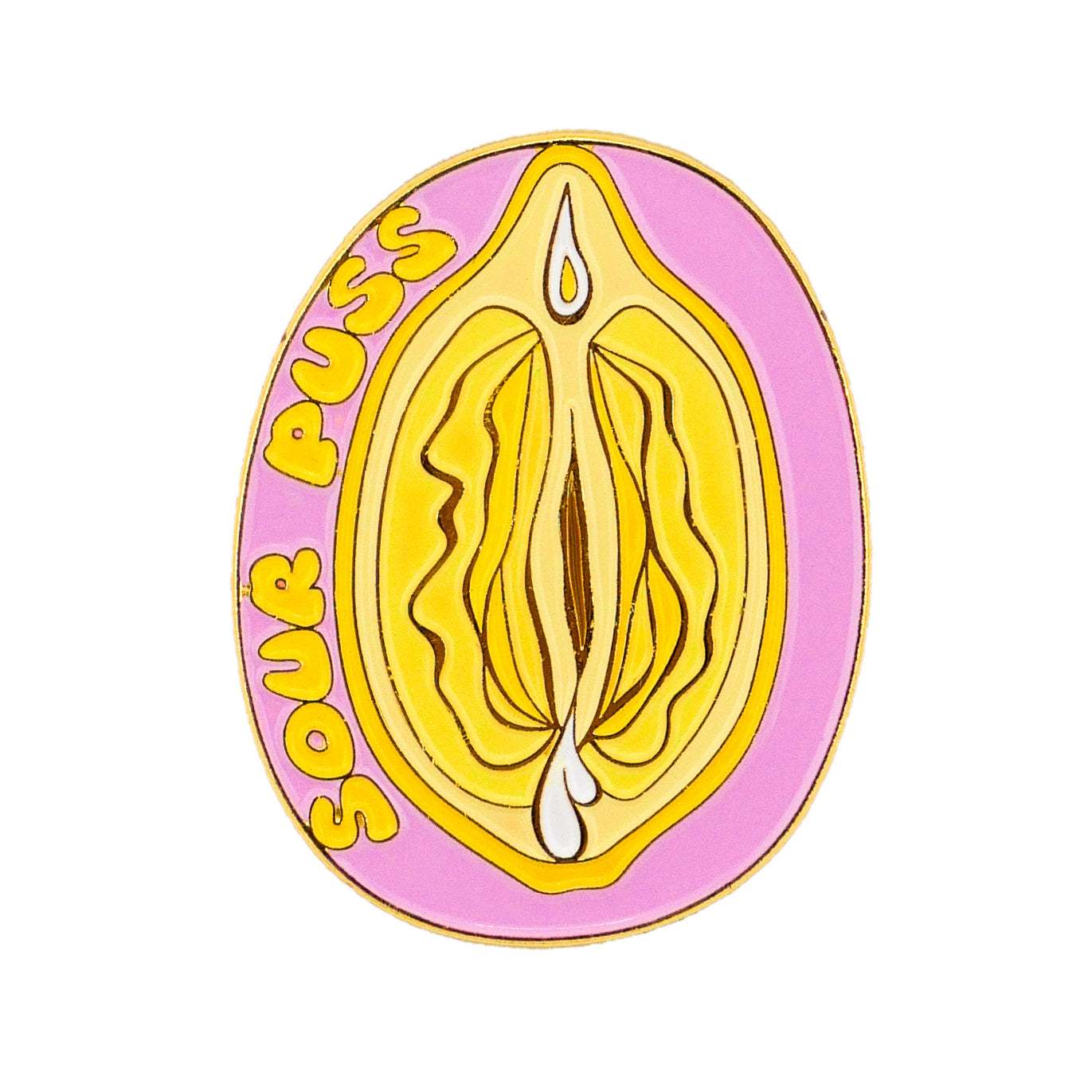 The Sour Puss Ball Marker by Logie Joe's Golf is a bold yellow and pink enamel pin shaped like a stylized vulva, featuring "SOUR PUSS" in yellow—ideal as a sassy golf ball marker or playful accessory.