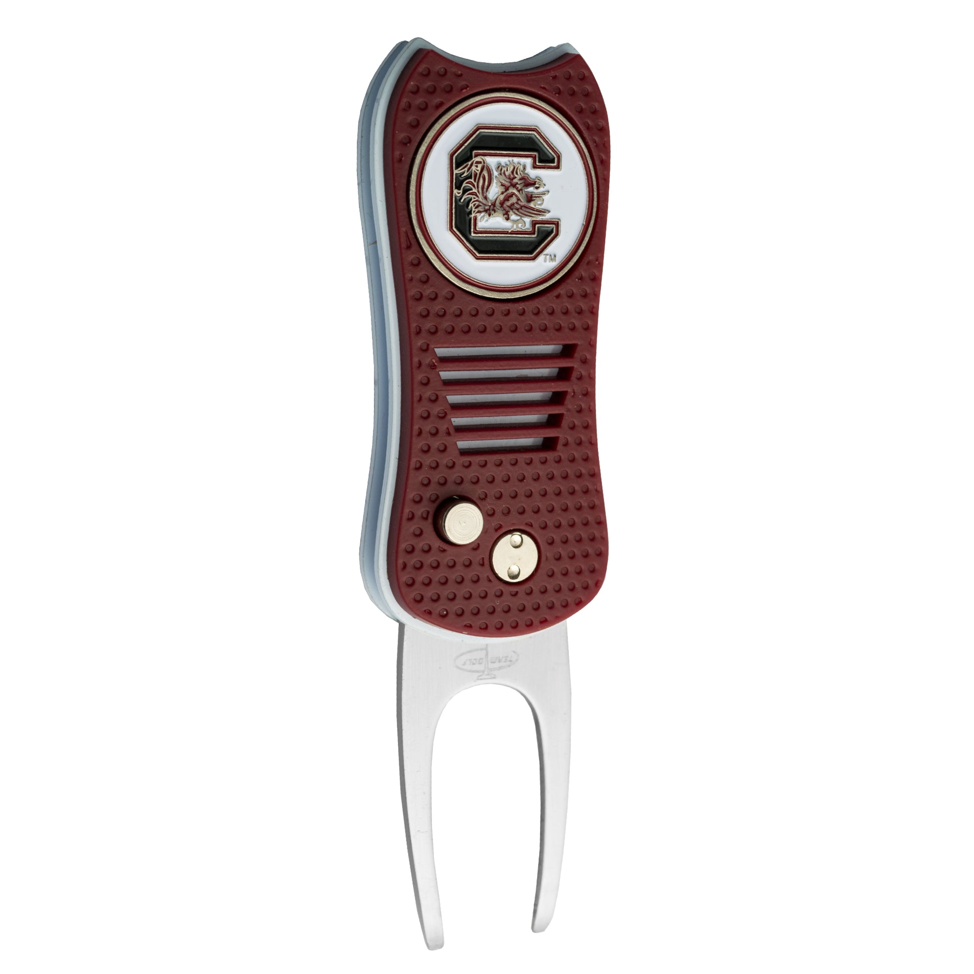 The Switchfix ACC College Switchfix Divot Tool with Ball Marker features a maroon handle, the University of South Carolina Gamecocks logo, two metal prongs, and a magnetic ball marker for added convenience.