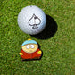 The Pins and Aces South Park Ball Marker - Cartman features a cartoon Cartman next to a spade symbol on green grass, ideal for South Park golf fans or collectors of premium Pins and Aces ball markers.
