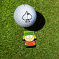 The South Park Ball Marker - Kyle from Pins and Aces features a golf ball with a spade symbol next to a cartoon pin of Kyle in his green hat and orange coat, part of the exclusive South Park collection.