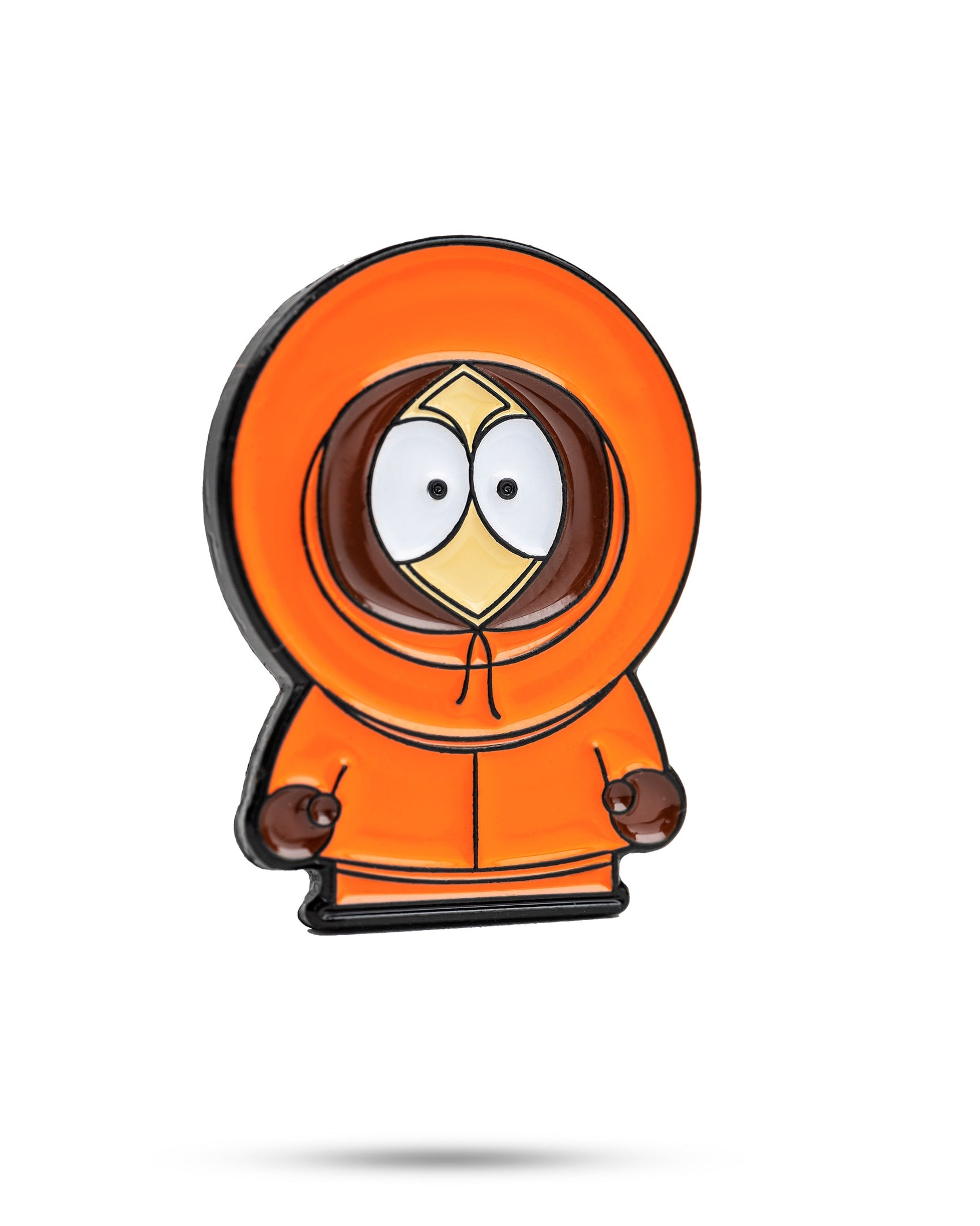 The Pins and Aces South Park Ball Marker - Kenny features a cartoon-style character in an orange hooded coat with a covered face, large white eyes, and small brown hands on a white background.