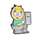 The South Park Ball Marker - Butters by Pins and Aces features a surprised cartoon character with yellow hair and a green shirt sitting on a toilet—ideal for fans of South Park golf gear and premium ball markers.