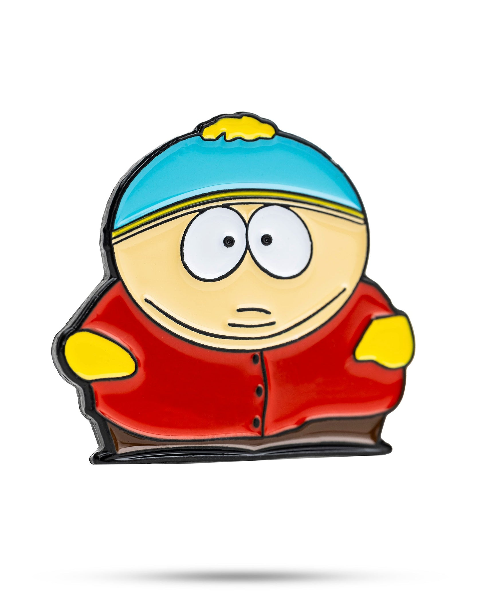 The South Park Ball Marker - Cartman by Pins and Aces features Cartman in his signature outfit—a unique accessory for South Park fans and collectors of premium golf gear.