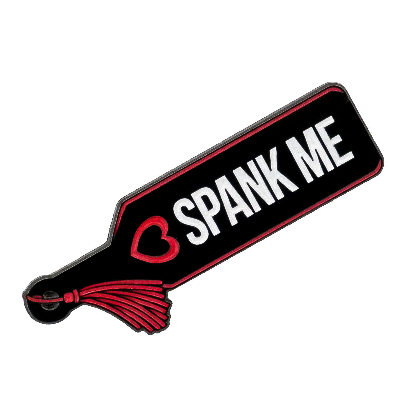 The Spank Me Ball Marker by Bunkers & Rough is a black paddle-shaped golf accessory with a red heart, red tassel, and bold white “SPANK ME” lettering that adds a playful touch to your game.