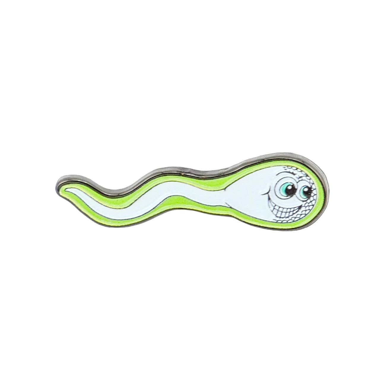 Logie Joe's Golf "Sperm Cell" features a cartoon sperm with a smiling face and big eyes, outlined in black, green and white, styled like a premium golf ball marker on a plain white background.
