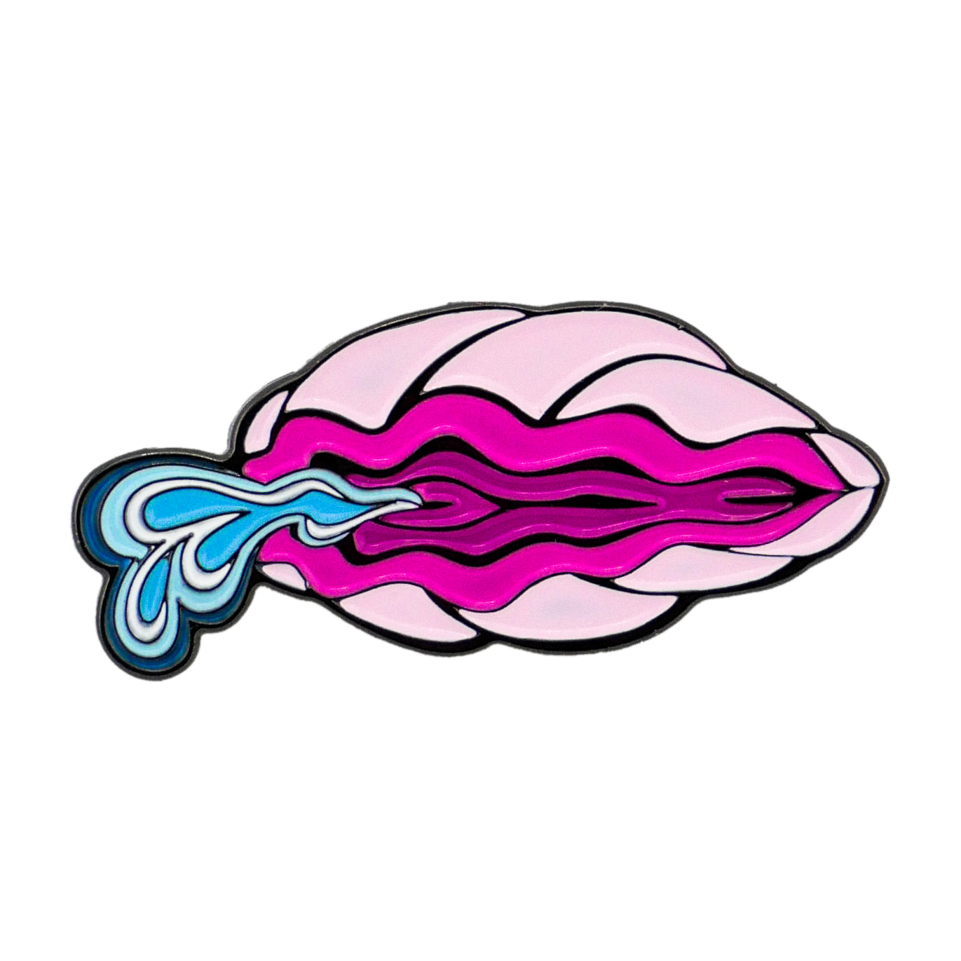 Add playful flair to your game with the Squirting Clam Ball Marker by Bunkers & Rough—a bold, cartoon-style pink and magenta marker featuring blue water spouting from its shell. Perfect as a unique conversation starter on the course!.