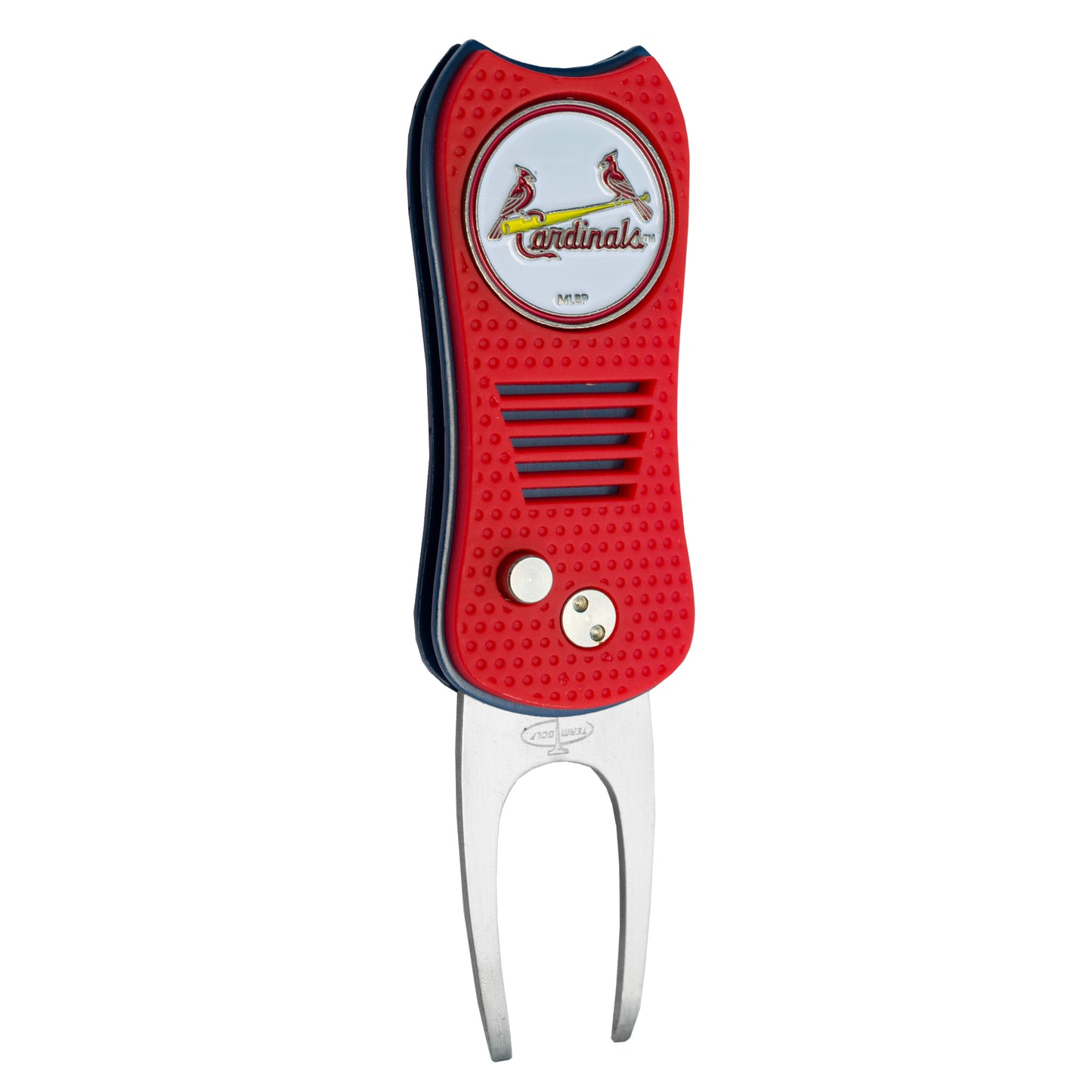 The MLB Switchfix Divot Tool with Ball Marker by MLB features a red and silver design, St. Louis Cardinals logo on top, textured grip, metal prongs, and a convenient magnetic ball marker.