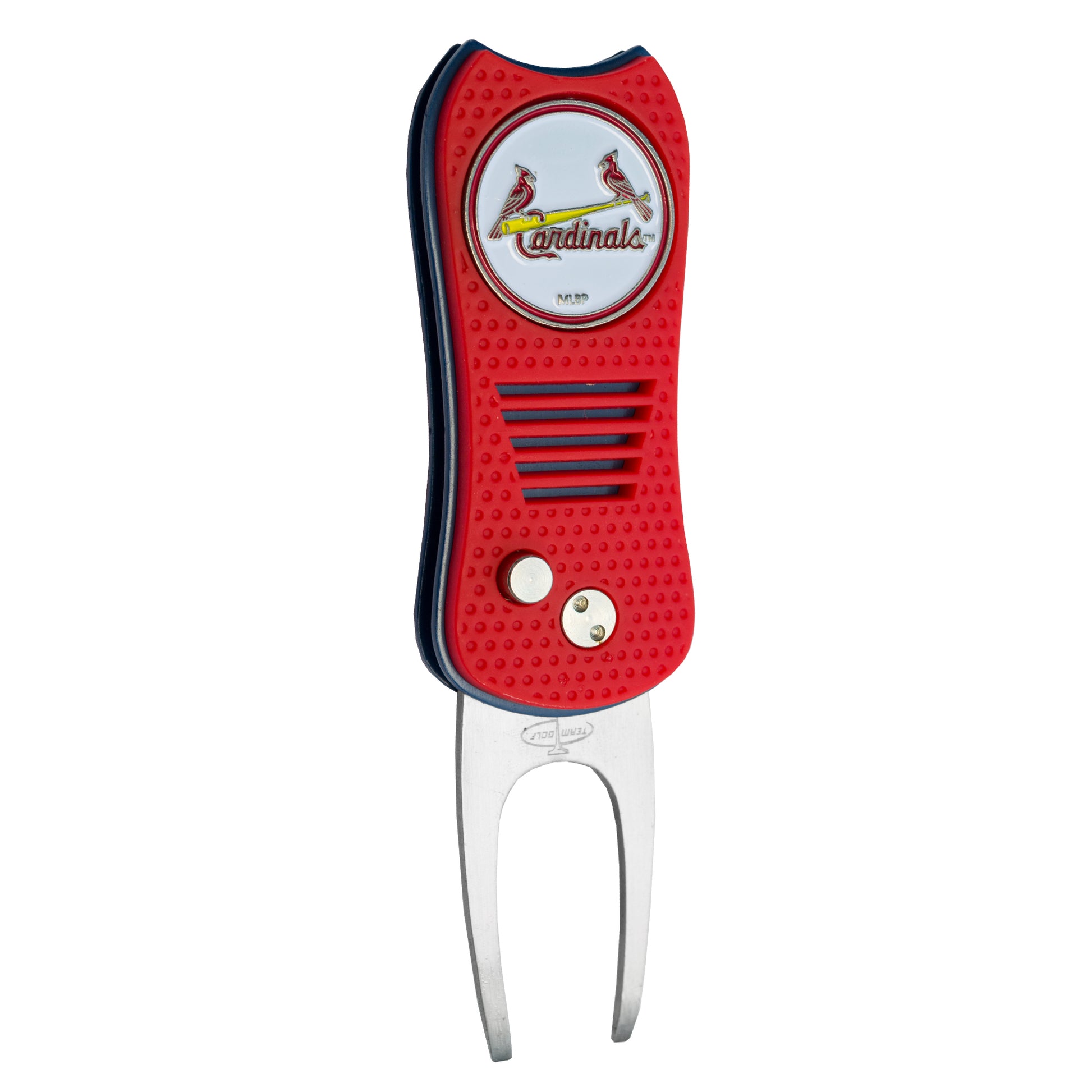 The MLB Switchfix Divot Tool with Ball Marker by MLB features a red and silver design, St. Louis Cardinals logo on top, textured grip, metal prongs, and a convenient magnetic ball marker.