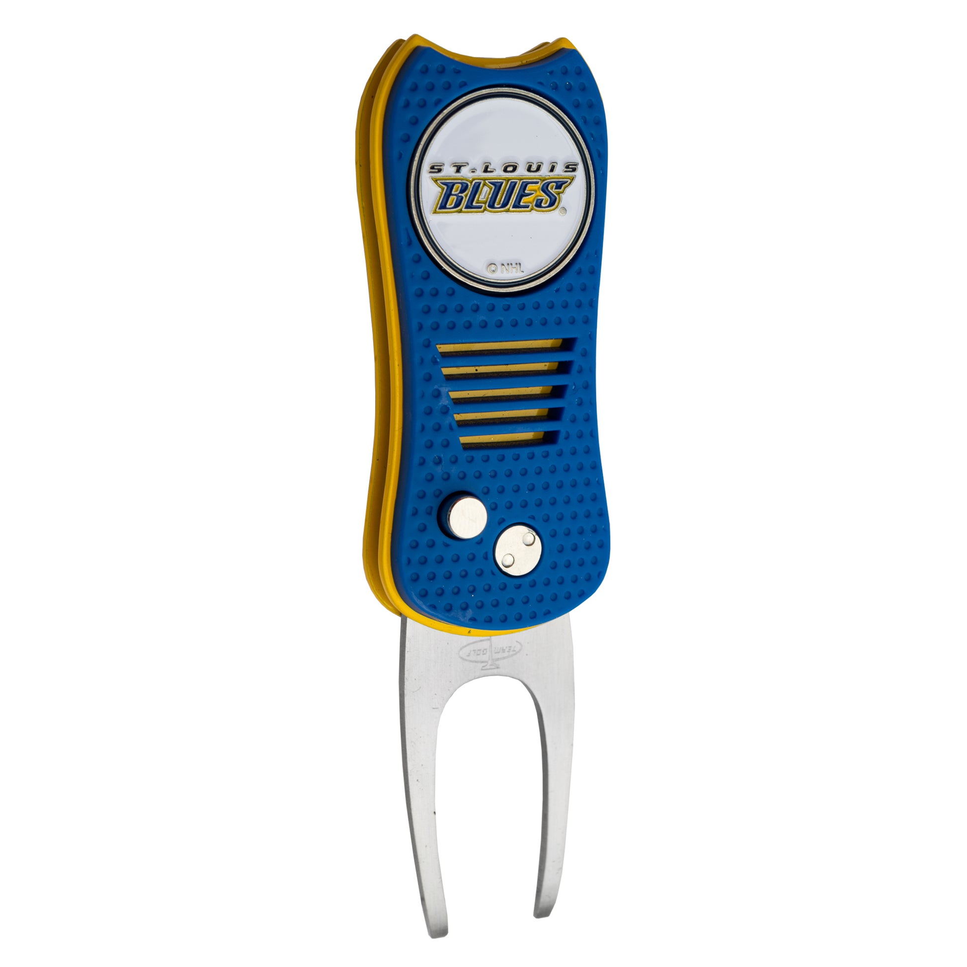 The Ballmarkers.com NHL Switchfix Divot Tool with Ball Marker features a blue and yellow St. Louis Blues logo, textured grip, metallic forked end, and magnetic ball marker for convenience.