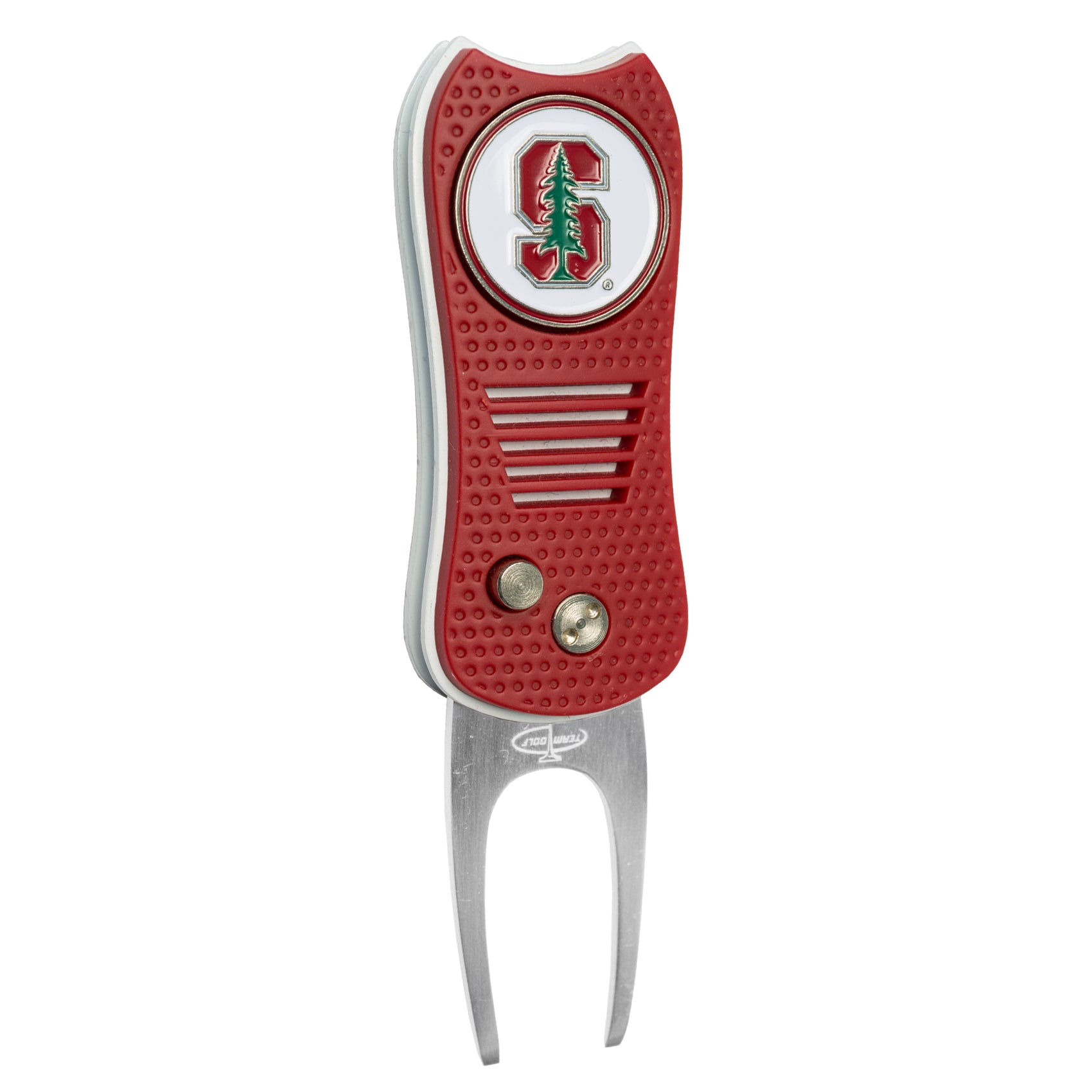 The Switchfix ACC College Switchfix Divot Tool with Ball Marker features a Stanford University logo, textured grip, silver and red design, two metal prongs, and a convenient magnetic ball marker.