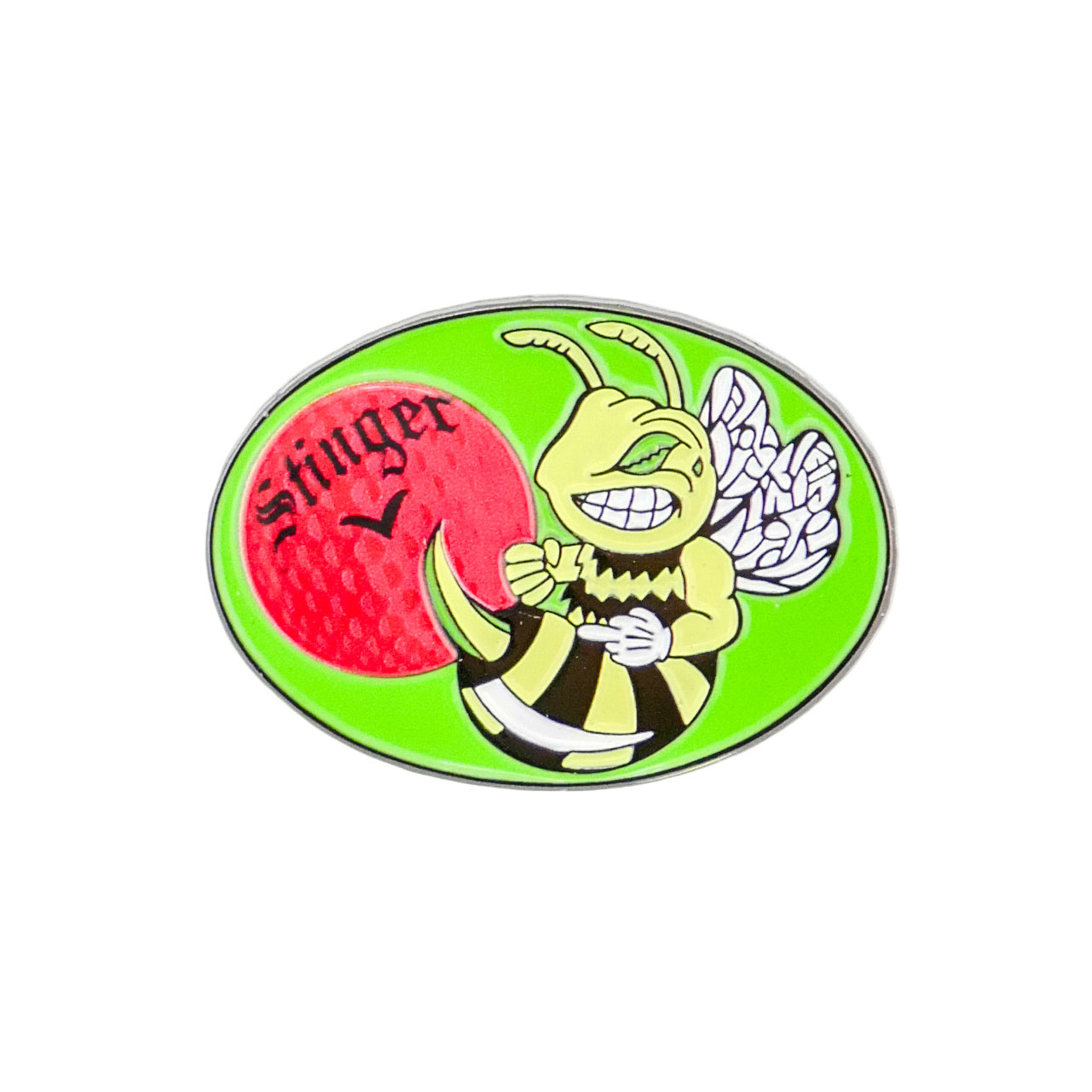 A mischievous cartoon bee lounges by a red Stinger kickball and premium golf accessories from Logie Joe's Golf, all set on a bright green oval background.