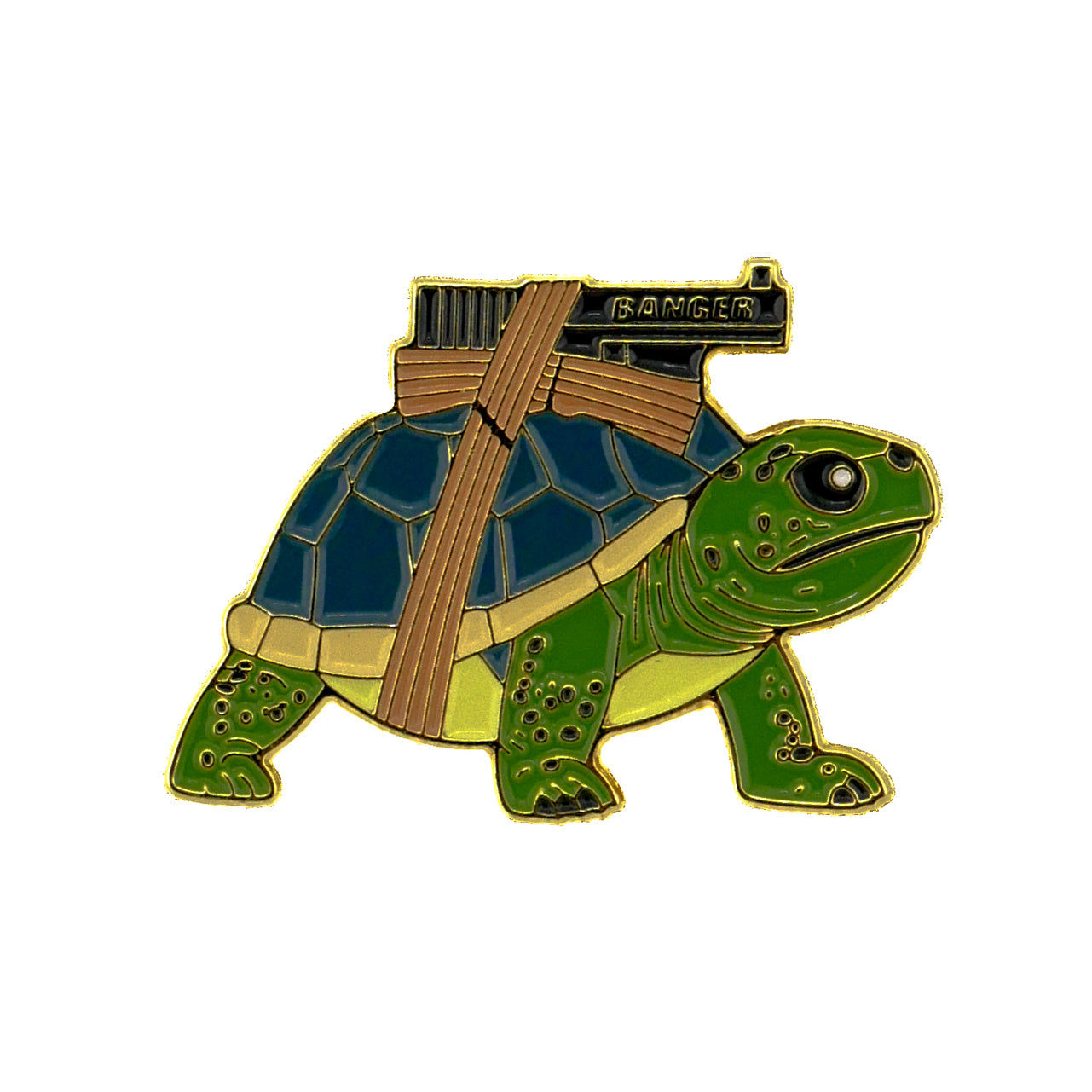 The Strapped Turtle by Logie Joe's Golf features a cartoon green turtle with a blue shell carrying a RANGER-labeled walkie-talkie, ideal for fans or collectors of unique golf ball markers and premium golf accessories.
