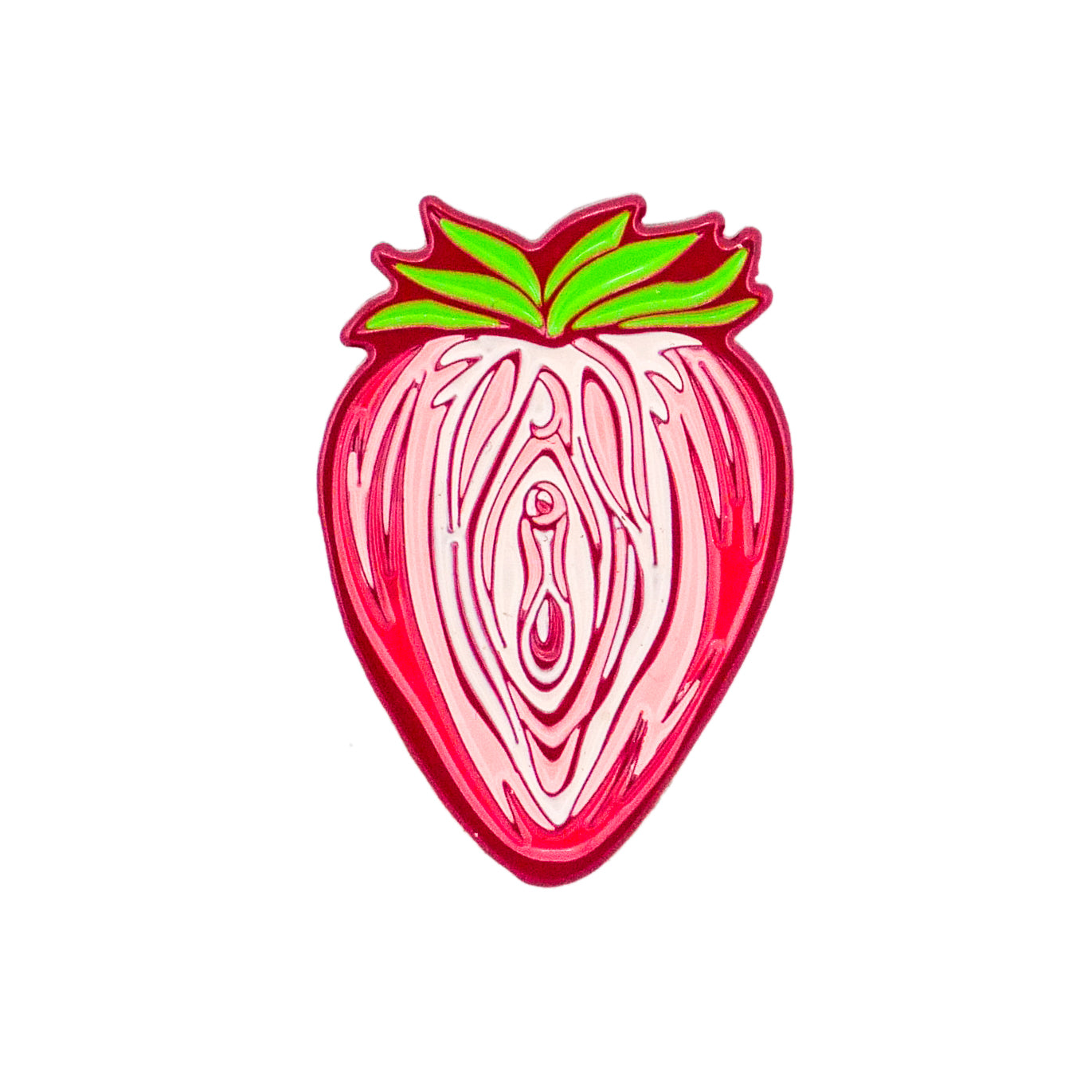The Strawberry Vagina Ball Marker by Logie Joe's Golf features a stylized strawberry with vulva-inspired details, red and pink outlines, green leaves, and a white background—adding a playful twist to your golf gear.